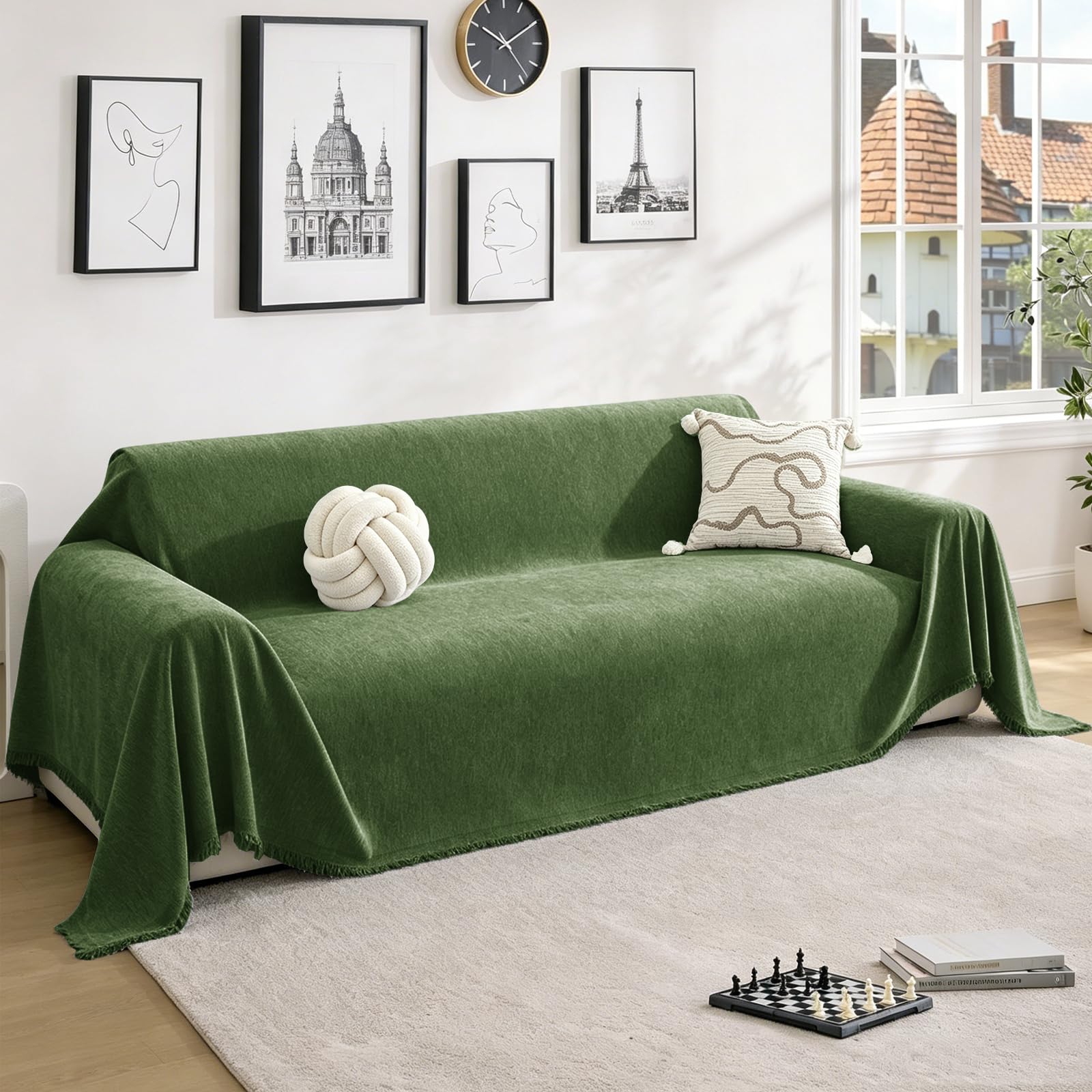 XINEAGE Chenille Sofa Covers 4 Seater, Soft Sofa Slipcovers with Tassel，Washable L Shape Sofa Furniture Cover，Sectional Couch Protector for Pet All-Season，Couch Cover Blanket (180x380cm,Sage Green)