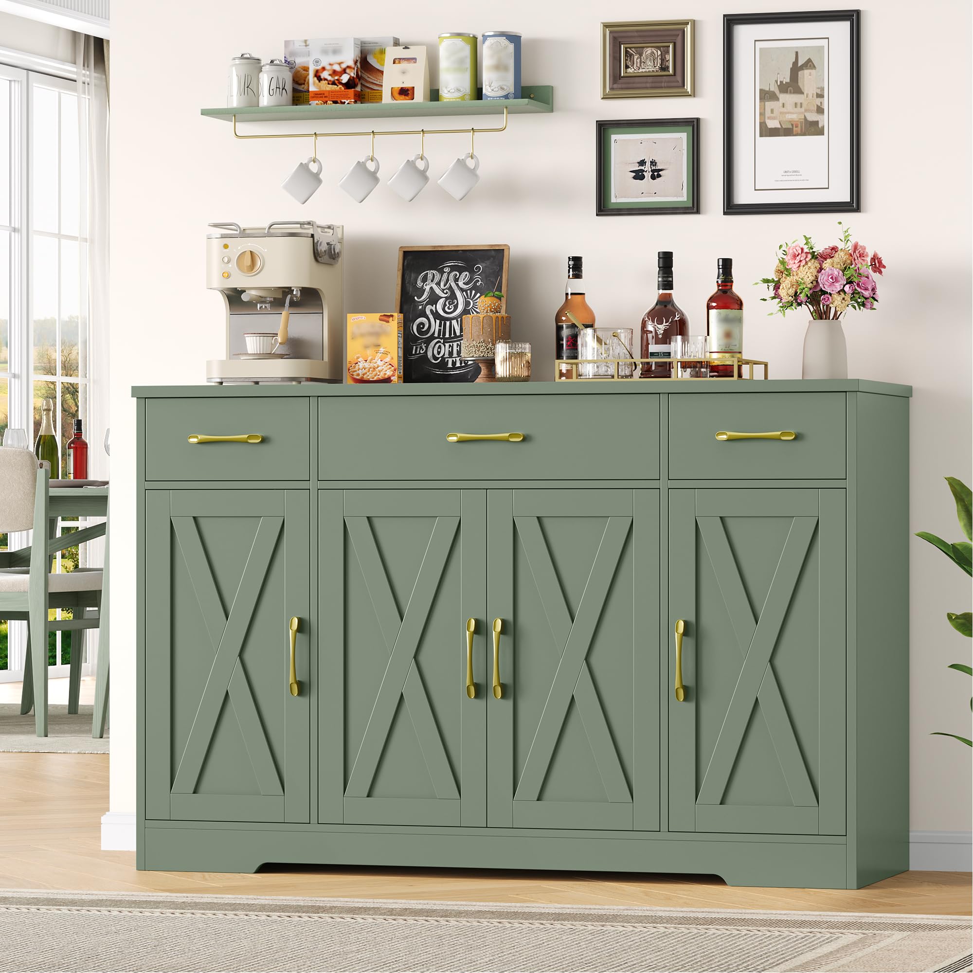HOCSOK 140 cm Credenza Cucina, Mobile Cucina con 3 Cassetti e 4 Armadi, Buffet Mobile Moderno, Credenza Soggiorno, Mobile per Cucina Ingresso Foyer, Sala da Pranzo, Verde