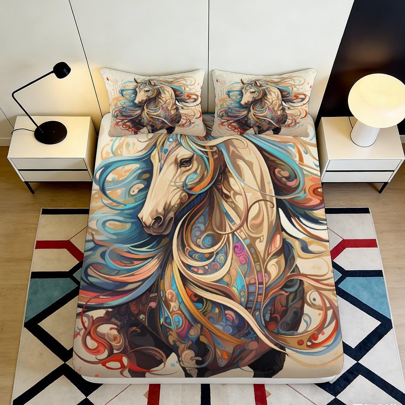 3D Printed Artistic Horse Fitted Sheet Microfiber Soft Durable Colorful Bed Cover for Bedroom Dormitory Guest Room Mattress Protection 160x200x25cm