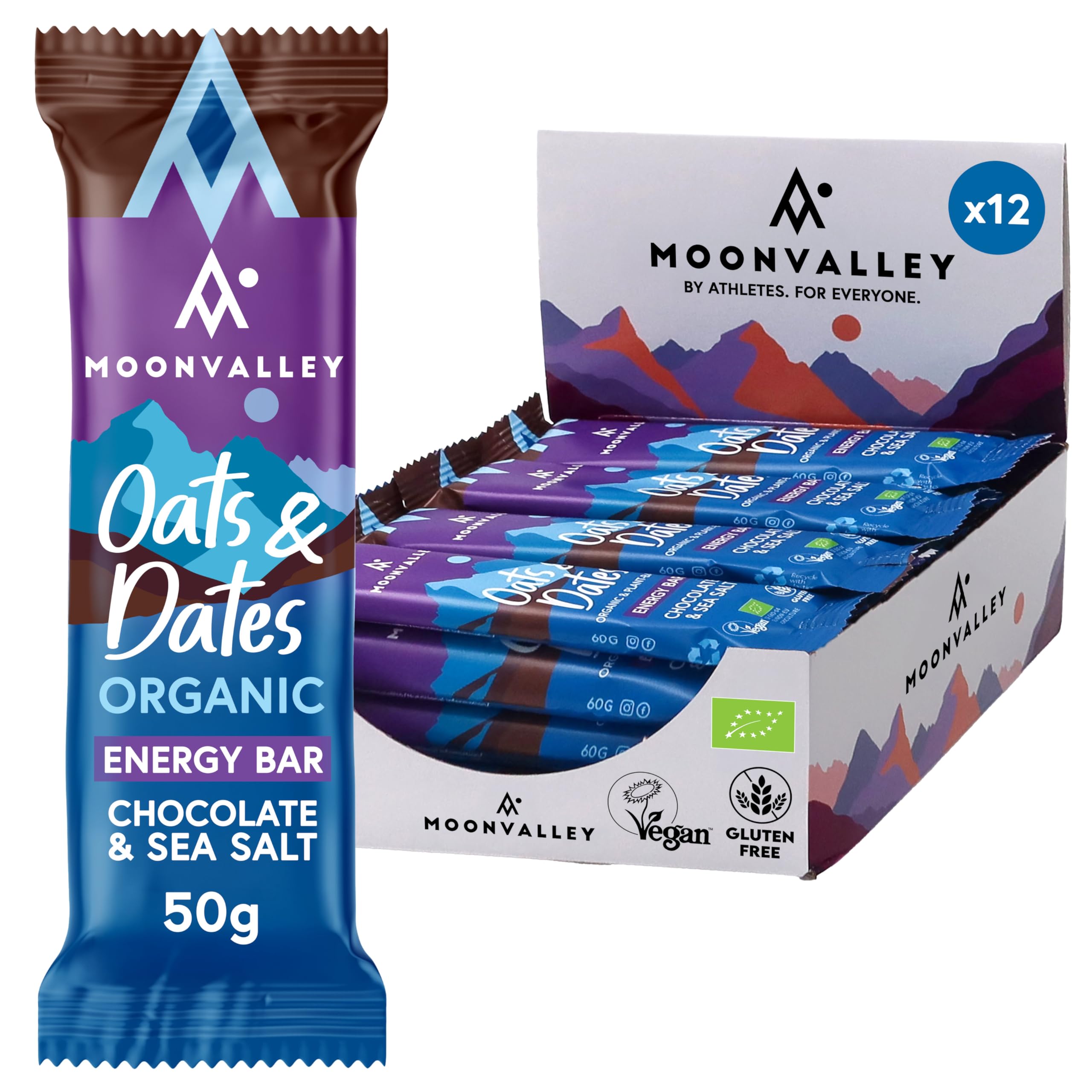 MOONVALLEY Barrette Energy al Cioccolato & Sale Marino – a base di Avena & Datteri - Vegan, Bio, Senza Glutine, Senza Zuccheri Aggiunti – Confezione da 12 Barrette da 50g