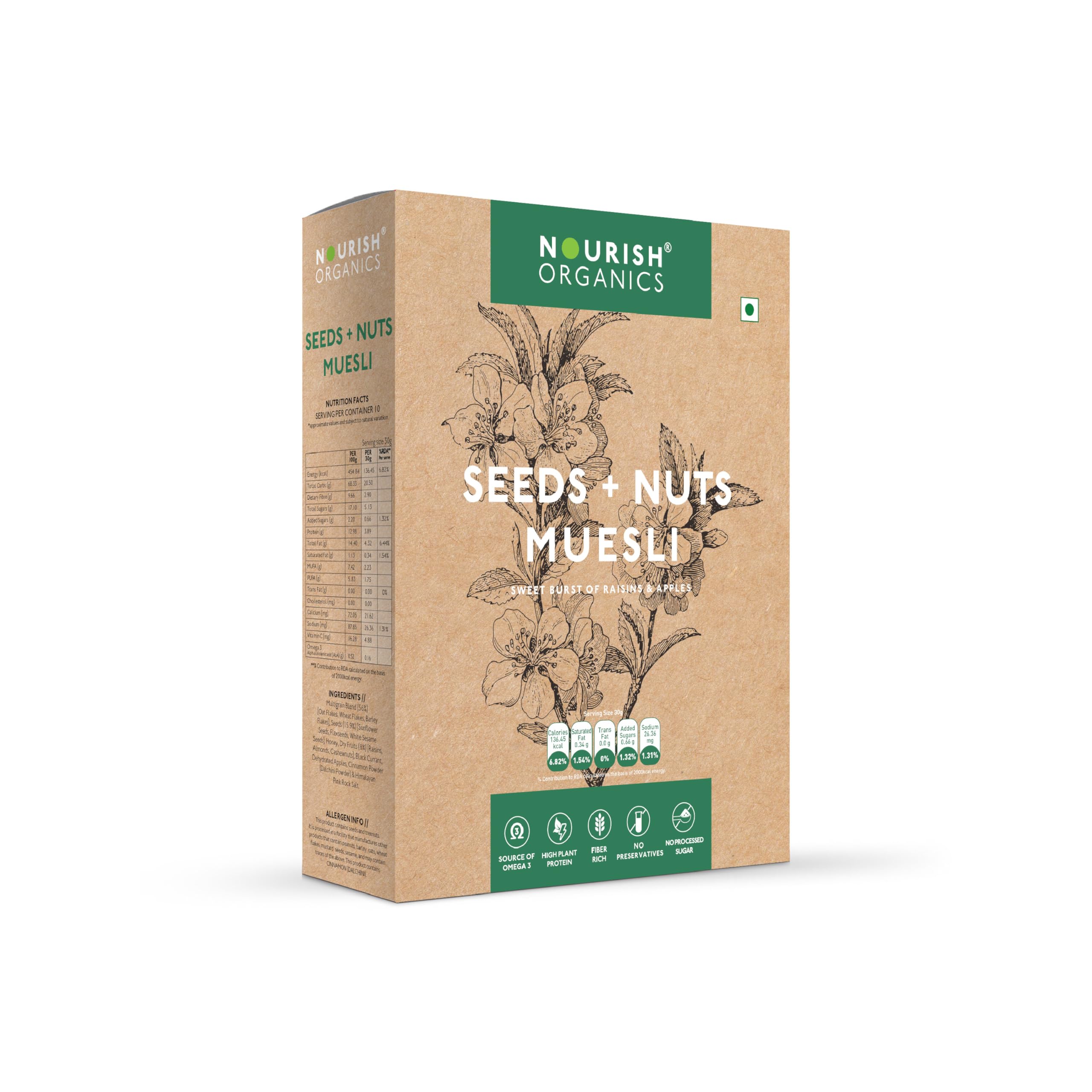 Nourish Organics Seeds and Nuts Muesli 300g, | Raisins | Apricots & Apples (Single Pack)