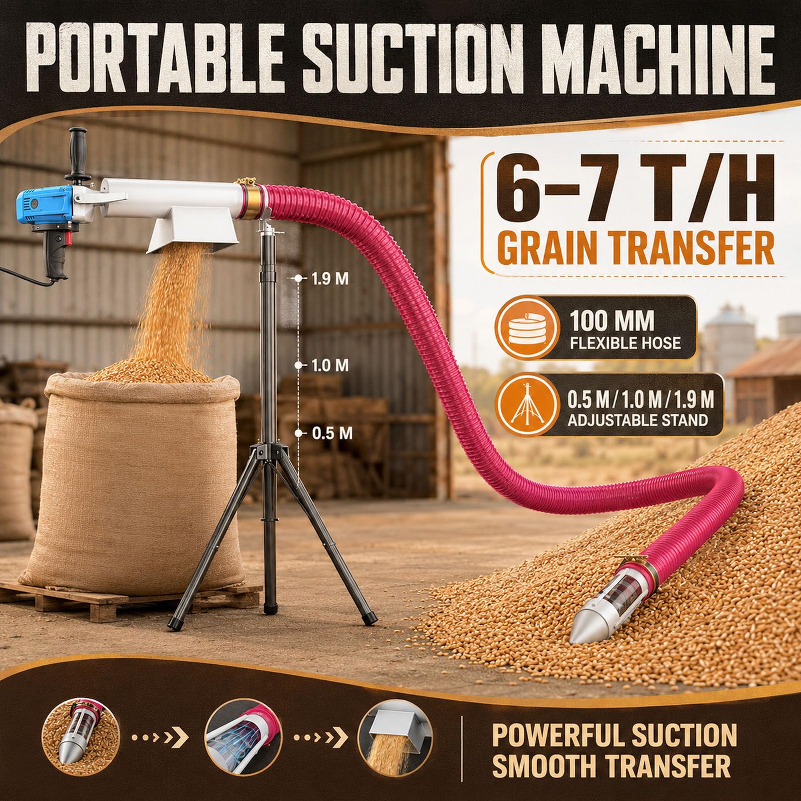 Aspiratore Portatile,Coclea Elettrica Per Il Trasporto Di Cereali 1.5m