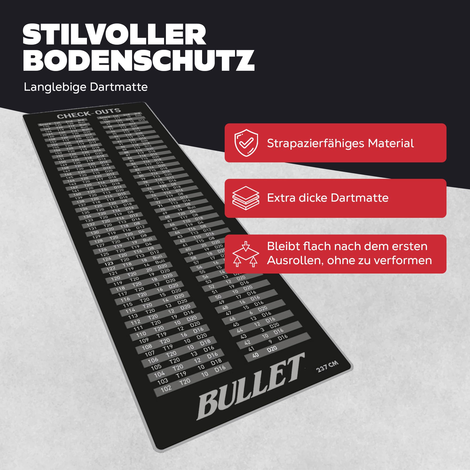 Professioneller Dartteppich - 237x80cm - Dart Zubehör für zu Hause, Büro, Kneipe, Partys - Dartmatte mit Turniermaßen Score Indikator und Oche - Darts Carpet zum Schutz des Bodens