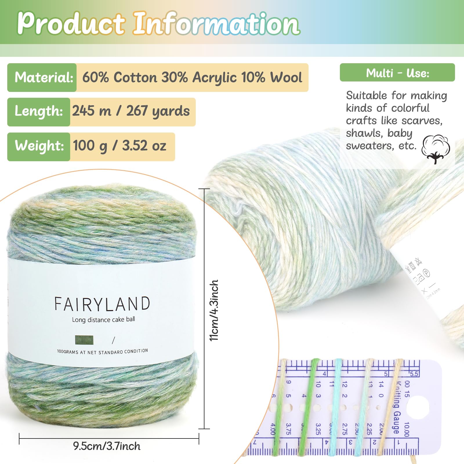 Aeelike Farbverlaufsgarn zum Häkeln, weiches Ombré-Märchenland-Garn Nr. 3, leicht mit leuchtenden Farben, 6 x 100 g, 245 m, für Bastelarbeiten, bunte Deckenschals, Mützen, grüner Farbverlauf