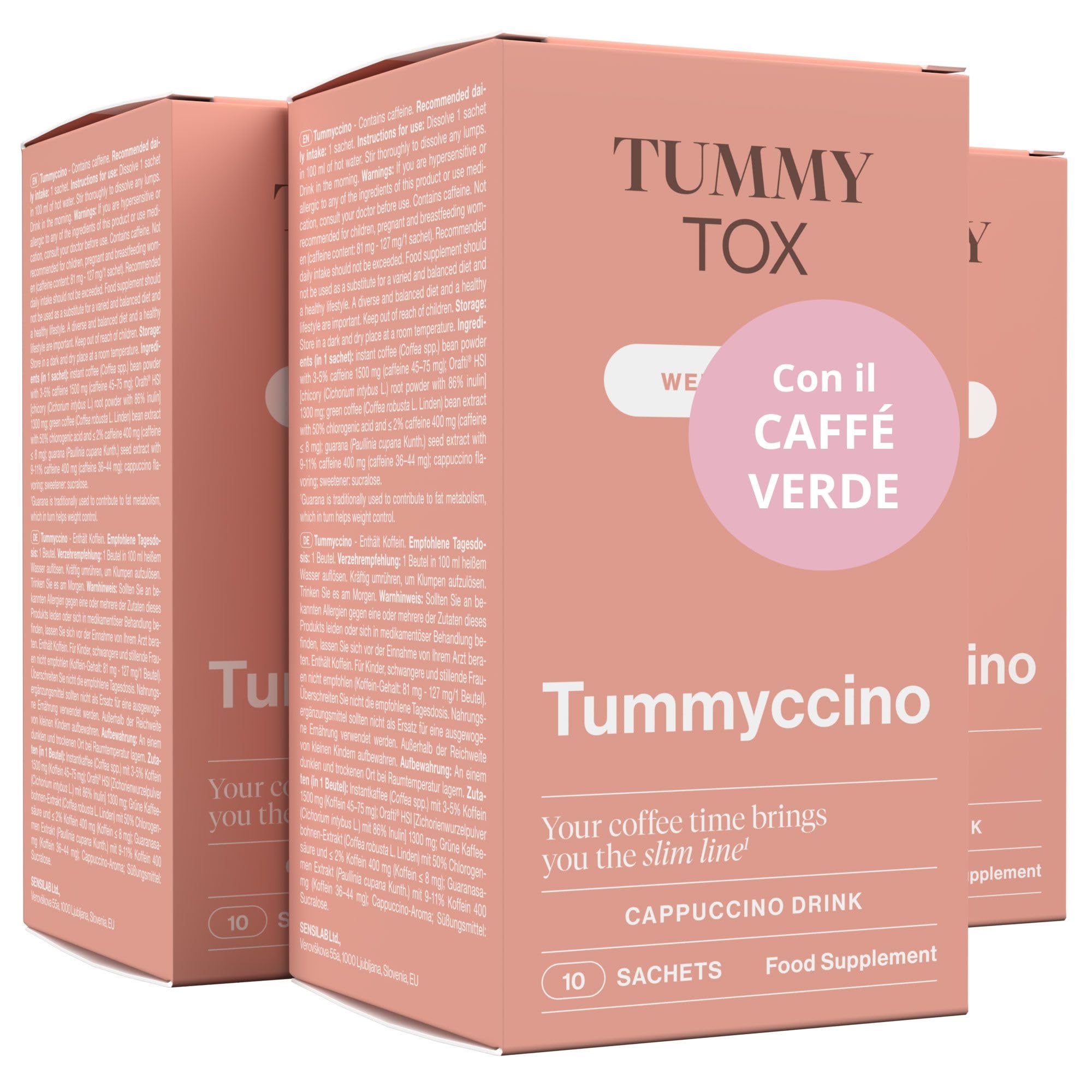 Bevanda al Caffe con Caffeina, Guarana, Inulina e Cicoria Solubile con Estratto di Caffè Verde - Arôme Cappuccino, 30 Bustine, Tummy Tox Tummyccino