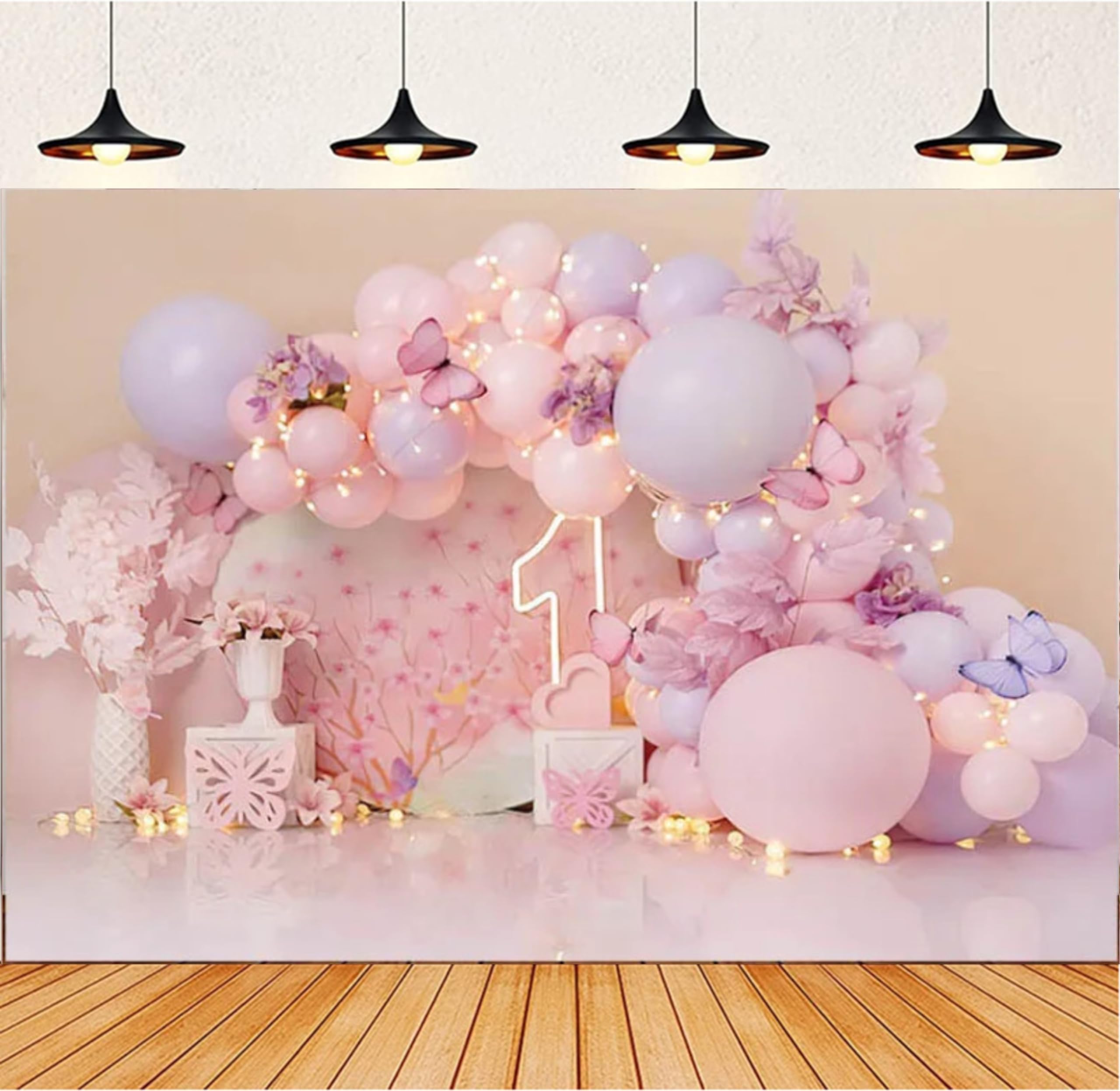 Photography Background Pink Flower Balloon Butterfly Cake Crush Girl 1st Birthday Party Decoration Backdrop Photo Studio 5x3 feet