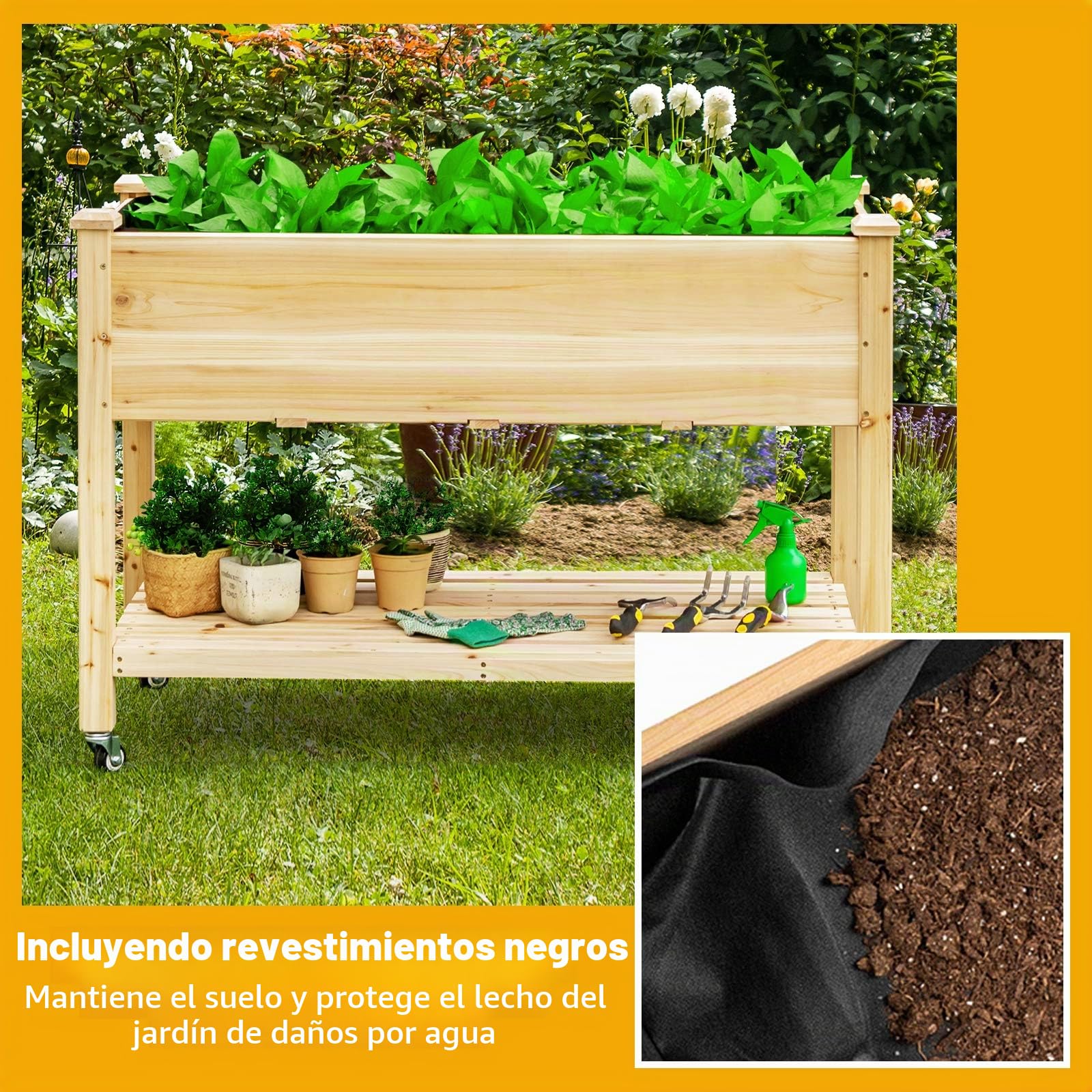 GOPLUS Jardinera Exterior con Ruedas Bloqueables y Estante, Cama Elevada de Madera de Abeto con Agujeros de Drenaje y Forro no Tejido, Huerto Urbano para Flores Hierbas Verduras, 120 x 59 x 84 cm