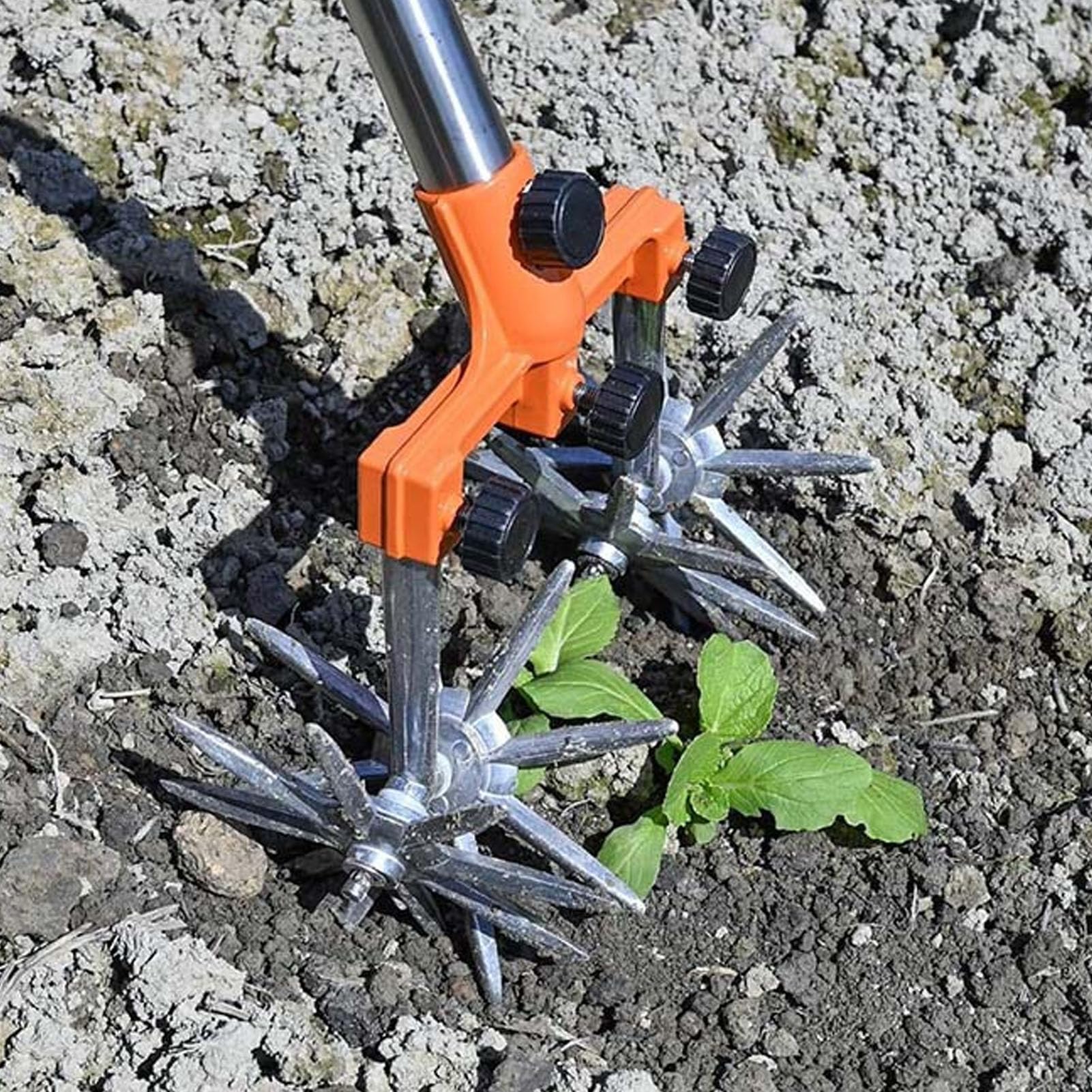 Hand Cultivator, Adjustable Handle Stainless Steel Tines and Wheels, Easy Garden Soil Mixing with 3 Interchangeable Impellers, Four Section Lever for Comfortable Working Length