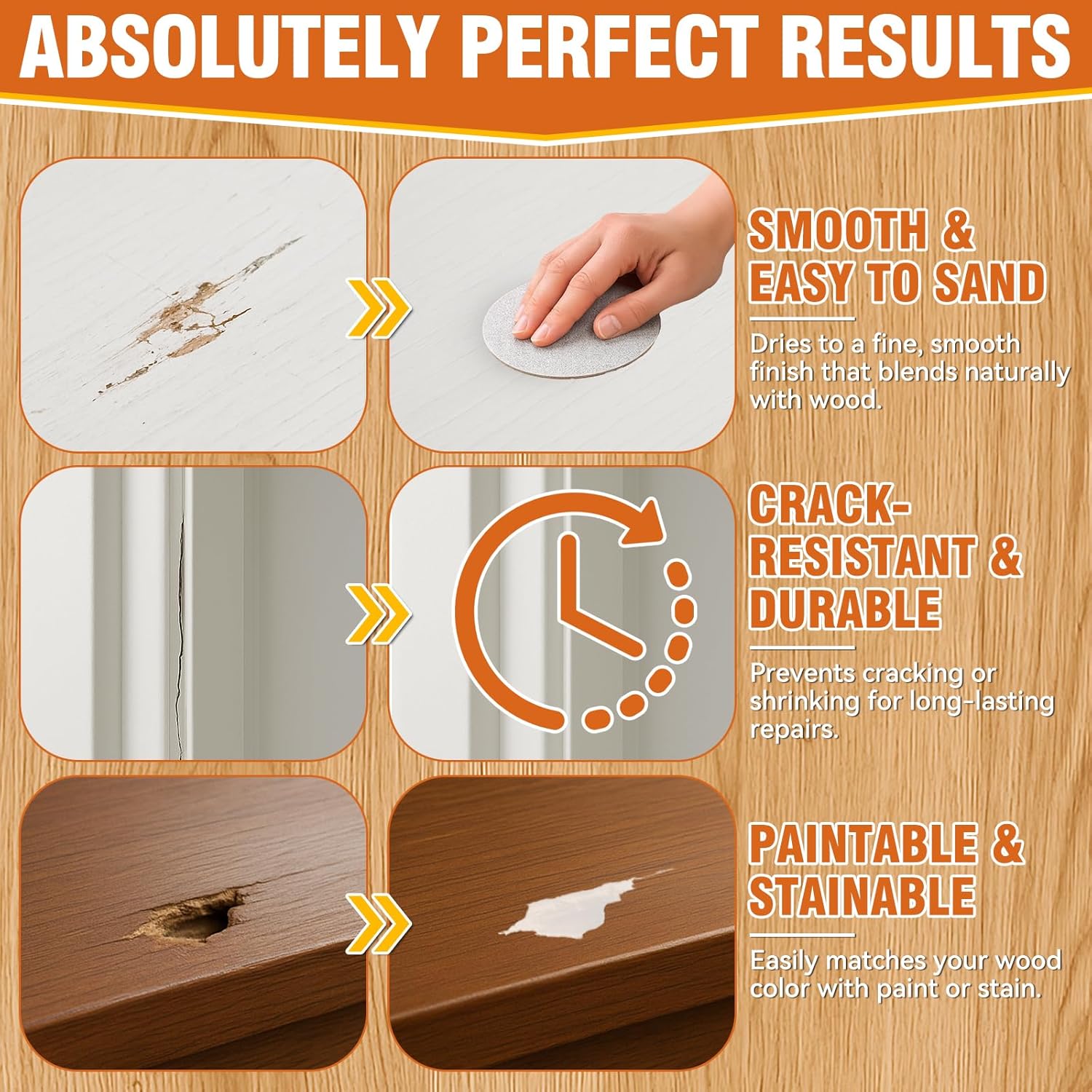 Wood Filler,220g Paintable & Sandable Wood Putty –Low Odor, Shrink & Crack Resistant-Quick Repair for Cracks, Holes and Damage-For Indoor & Outdoor Wood Repair(White)
