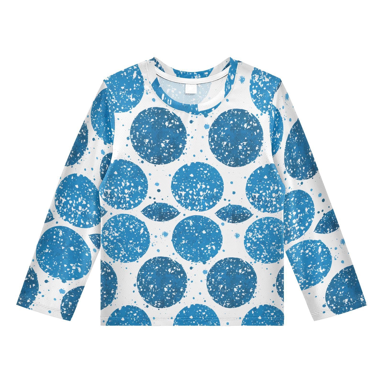 DOMIKING Blue Circle Dot White Boys Long Sleeve Rashguard Shirt Kids Quick Dry Swim Shirt for Kids Toddlers 9-10T