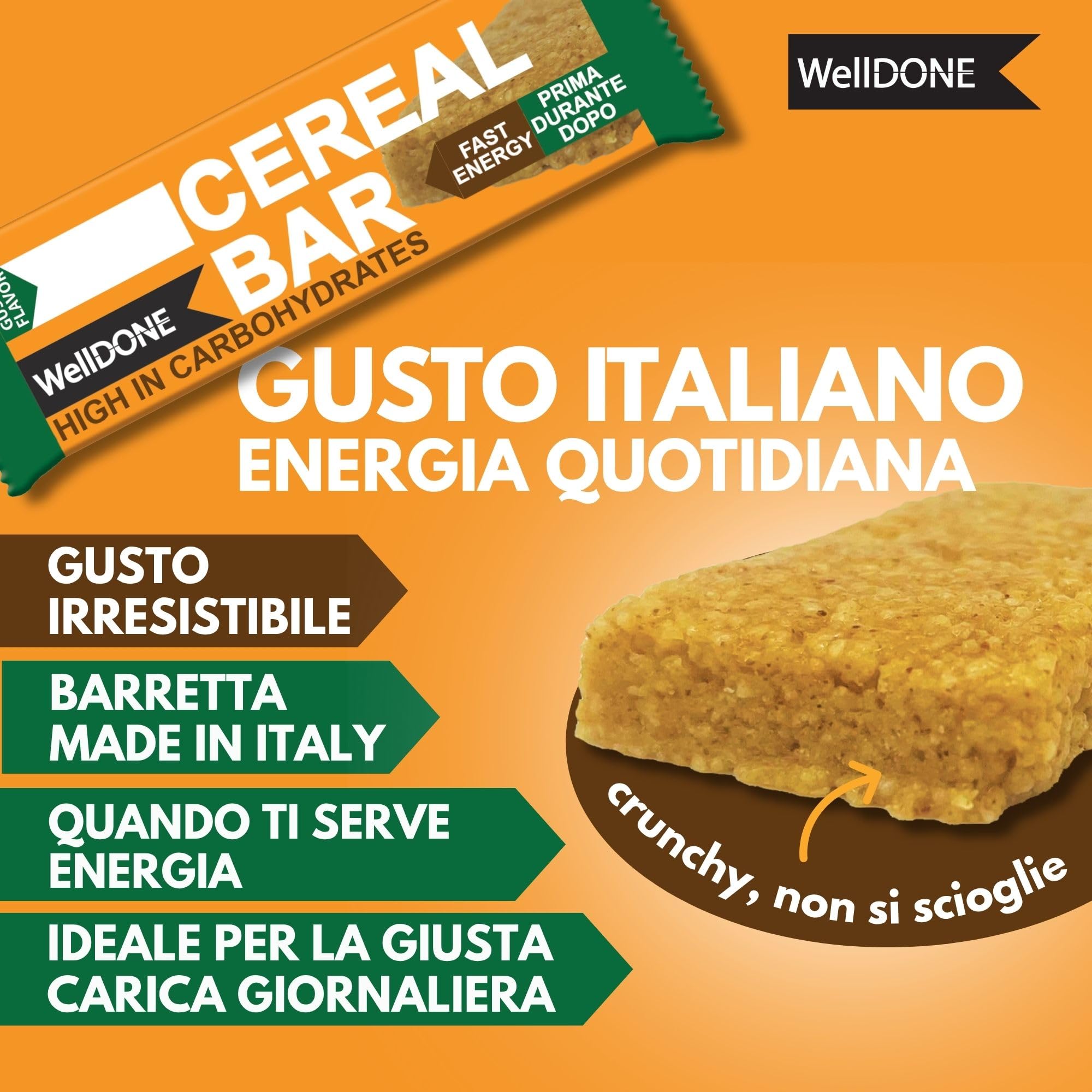 WellDONE, Cereal Crunch Bar Gusto Miele, Barrette Energetiche Made in Italy, Alto Contenuto di Carboidrati, Snack Goloso Anche per Intolleranti al Lattosio, 30 Barrette da 40g