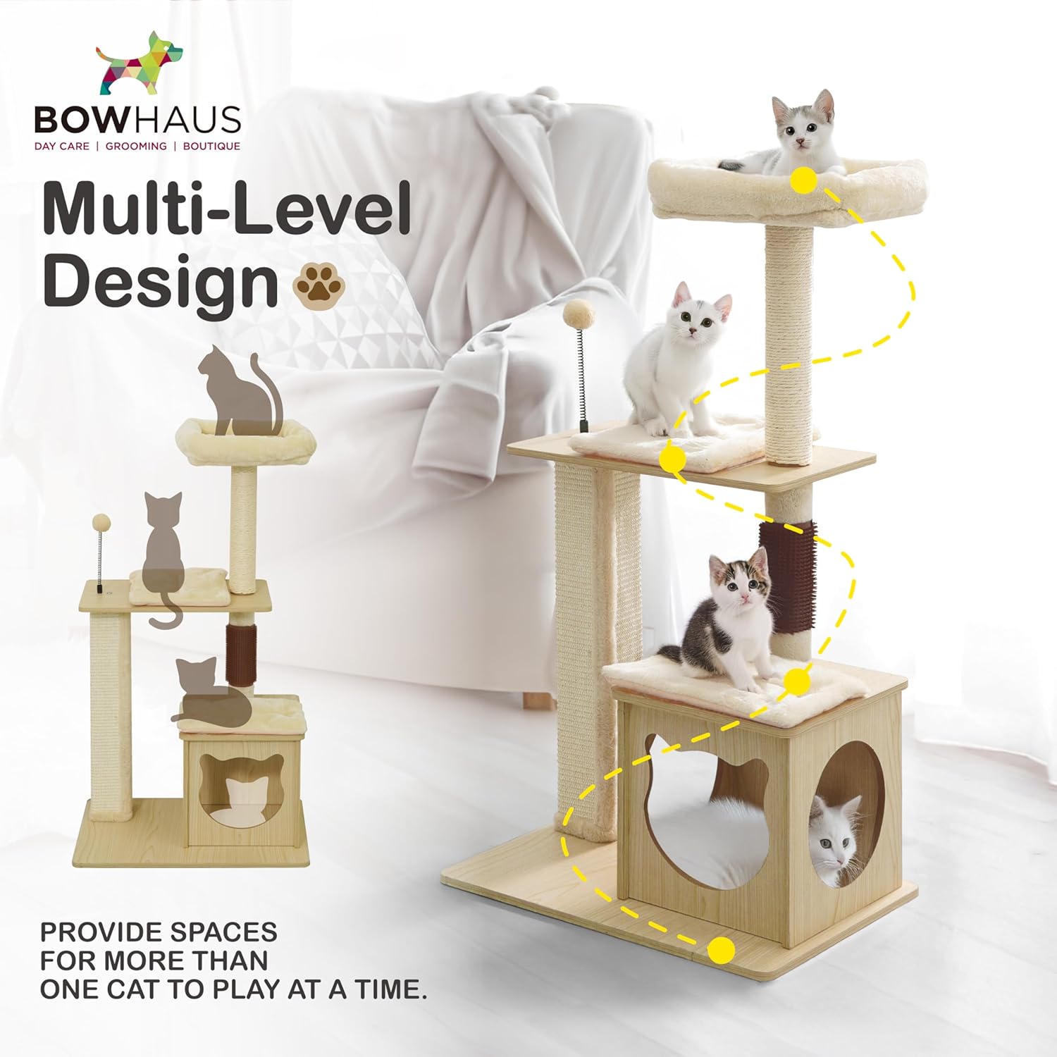 42” Wooden Cat Tree Tower for Indoor Cats & Kittens, Modern Tall Cat Climbing Tree w/Cave Condo, Scratching Posts, Perch, Multi-Level Cat Tower w/Interactive Ball & Detachable Cushion