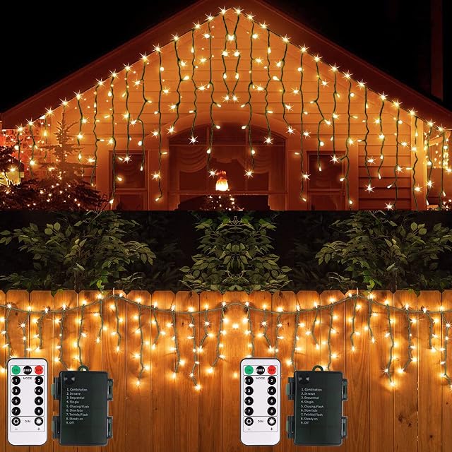 [2 Pack] Battery Operated Christmas Icicle Lights Green Cable 2.4m 102 LED 18 Drops Outdoor LED Icicle Fairy Lights w/ Remote 8 Modes Icicle String Lights for Garden Yard Xmas Decor (Warm White)
