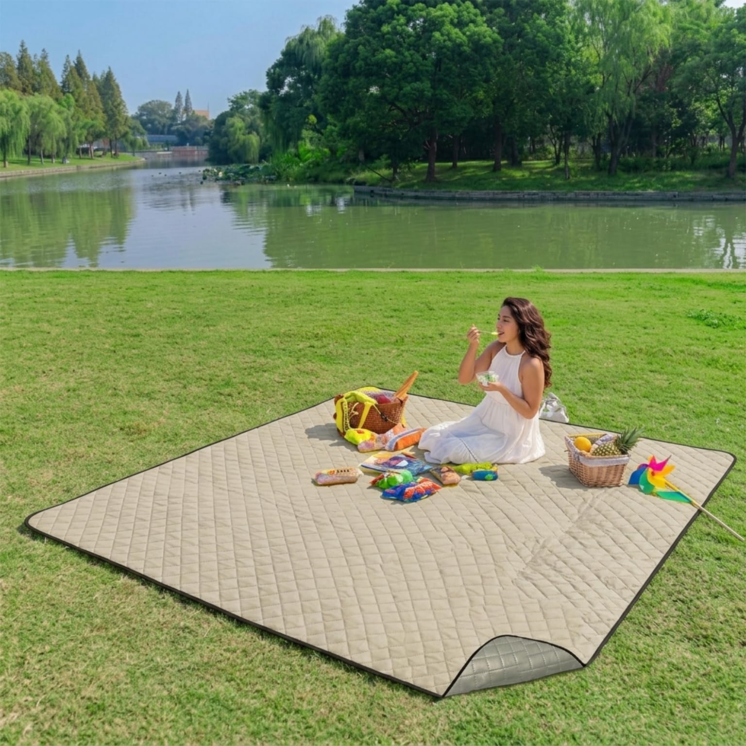 Large Beige Waterproof Picnic Blanket 200cm x 200cm, 6 Person Thickened Soft Cotton Foldable Sandproof Machine Washable Beach Mat for Park, Camping & Beach