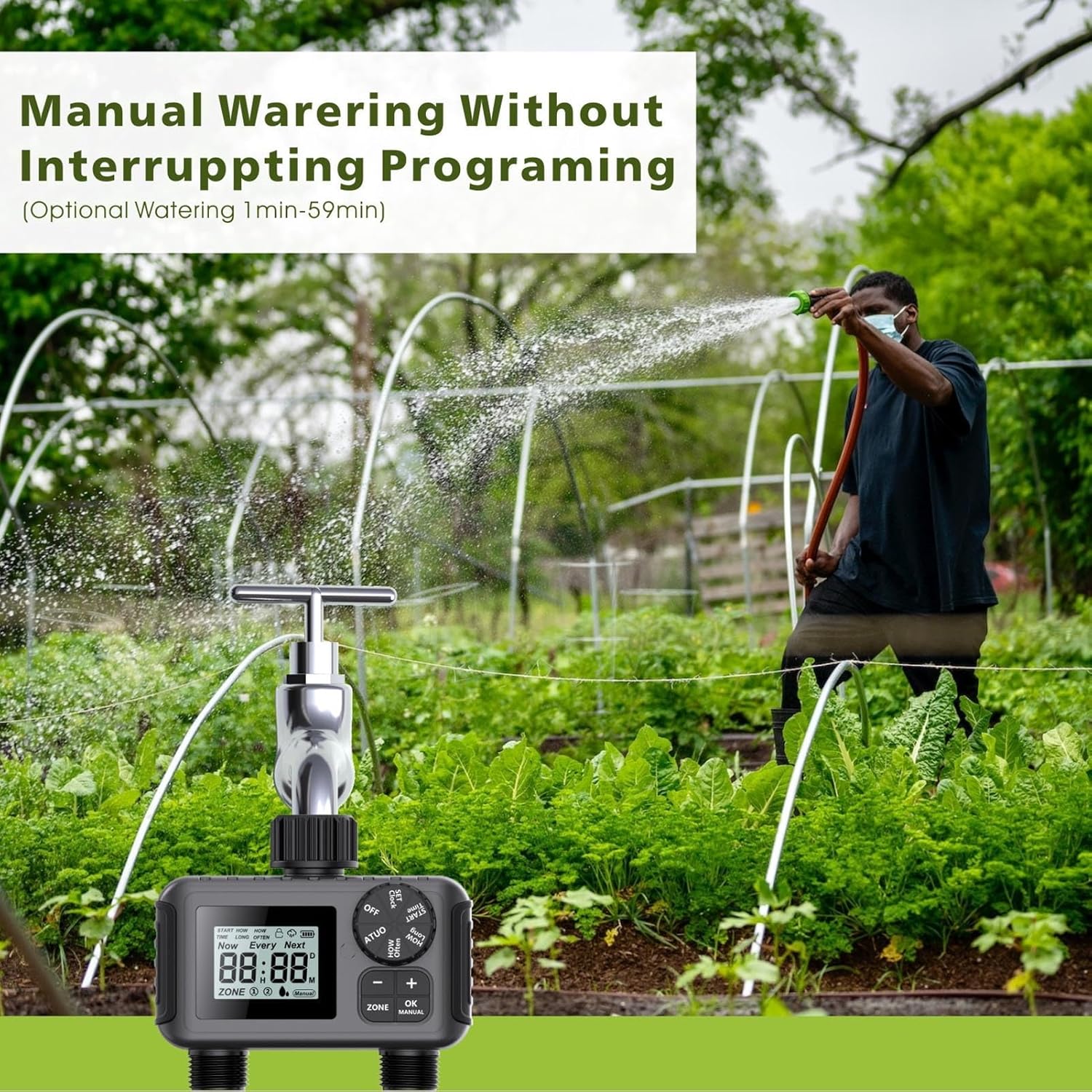 2 Outlet Sprinkler Timer, Water Timer Programmable Garden Hose Timer with Rain Delay, Manual Automatic Watering System Waterproofing Irrigation Controller for Courtyard Lawn Swim