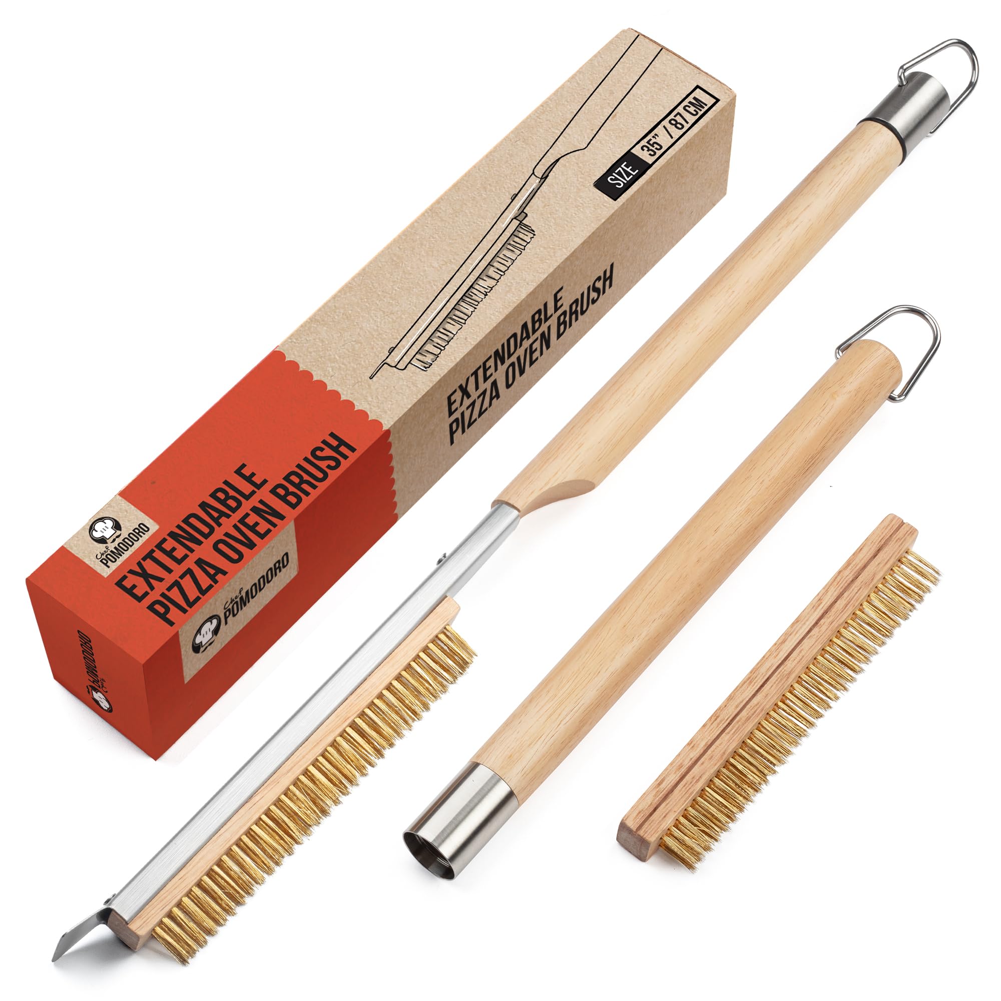 Chef Pomodoro Pizza Oven Brush with Scraper - Adjustable Handle (55cm to 87.7cm), Pizza Stone Brush, Pizza Oven Cleaning Brush, Outdoor Pizza Oven