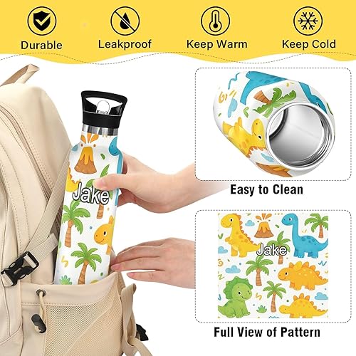 Miniatura 4 de Personalized Custom Name Kids Water Bottle with Straw for School Leakproof Insulated Water Bottle 20oz, BPA-Free, Cute Cartoon Dinosaurs White