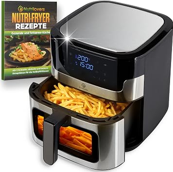 Nutrilovers Nutri-Fyer Stainless Steel XXL 8 L Hot Air Fryer 2000 W Airfryer Stainless Steel with LED Touch Display Double Heating Technology Viewing Window Low-Fat French Fryer without Oil Includes Recipes [Energy Class A+++]