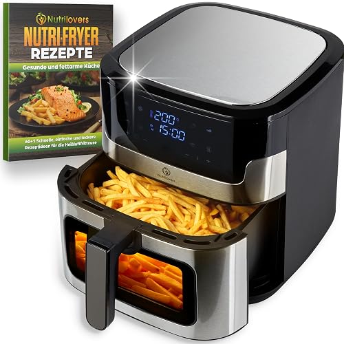 Nutrilovers Heißluftfritteuse NUTRI-FRYER EDELSTAHL XXL 8L, 2000W, Airfryer Edelstahl mit LED Touch Display, Double Heating Technologie, Sichtfenster, fettarme Pommes Fritteuse ohne Öl inkl. Rezepte