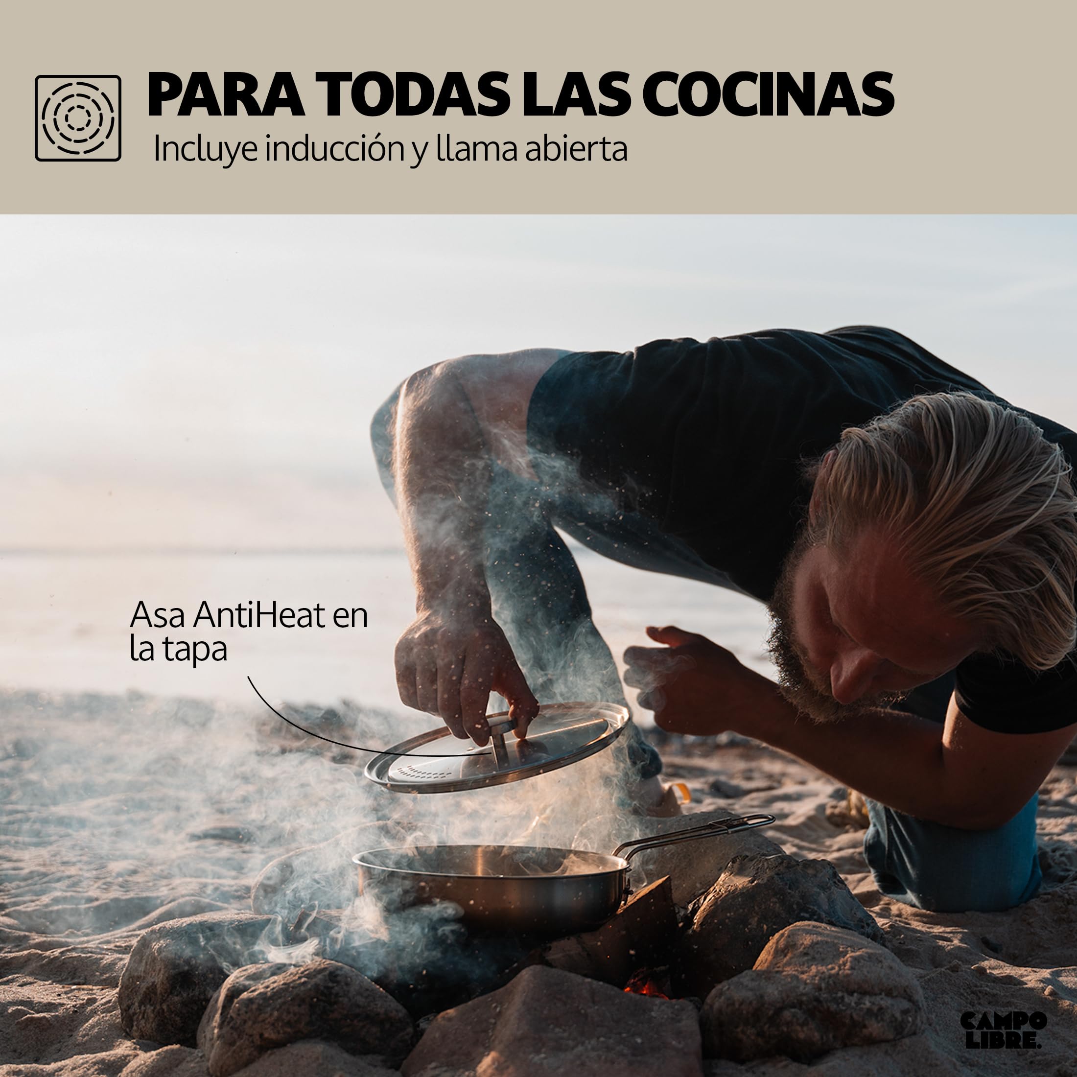 Campo Libre.® Enzo Juego de Cocina Camping – Ollas y Sartenes Acero Inoxidable, Duradero HexaGuard ProCore, Diseño Compacto y Apilable, Bateria de Cocina para Camping Gas, Inducción, Vitro, 6 Piezas