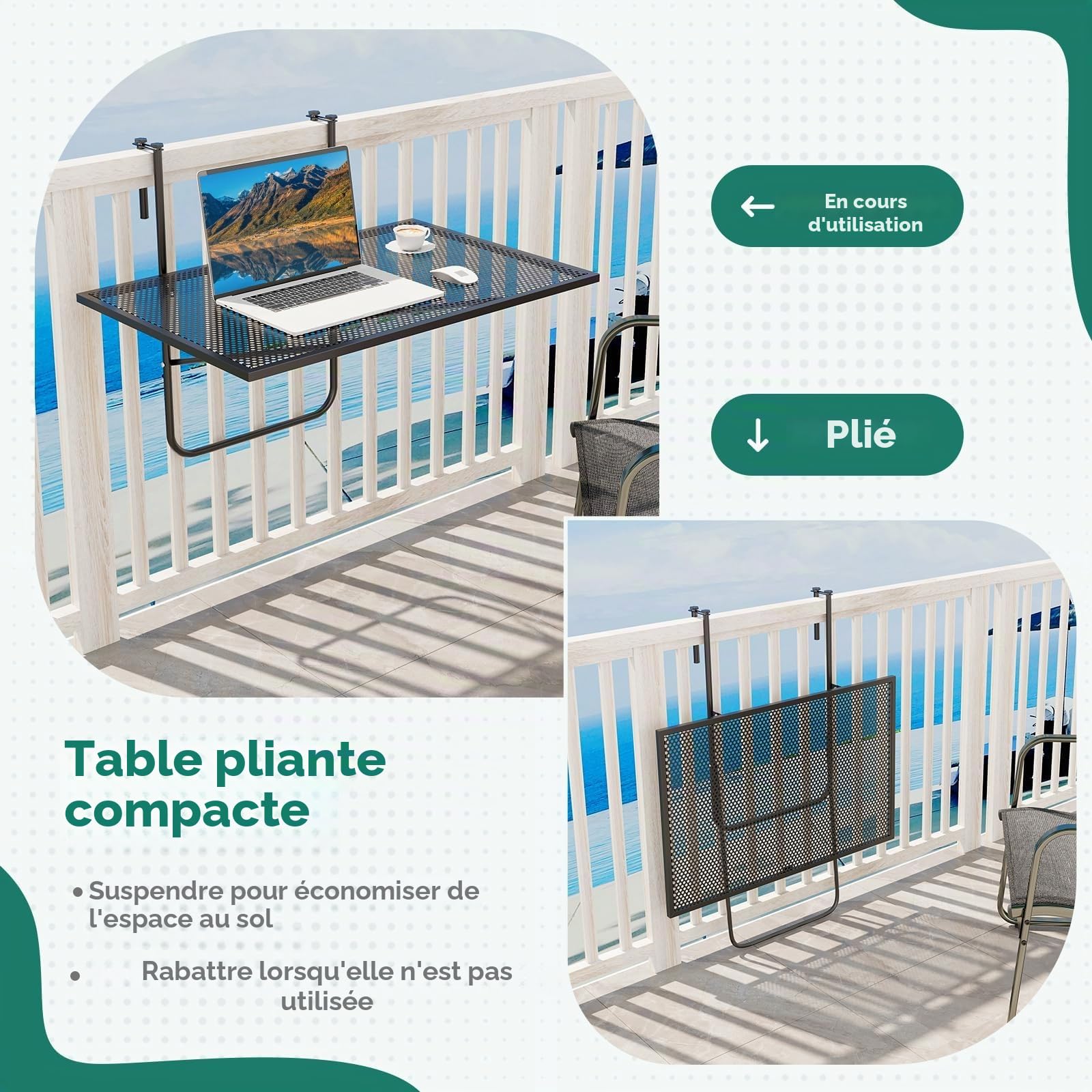 FANTASK 60,5 x 40,5 cm - Table de Balcon Pliable avec Crochets de Suspension réglables - Table de Balcon en métal - Capacité de Charge de 23 kg - Noire
