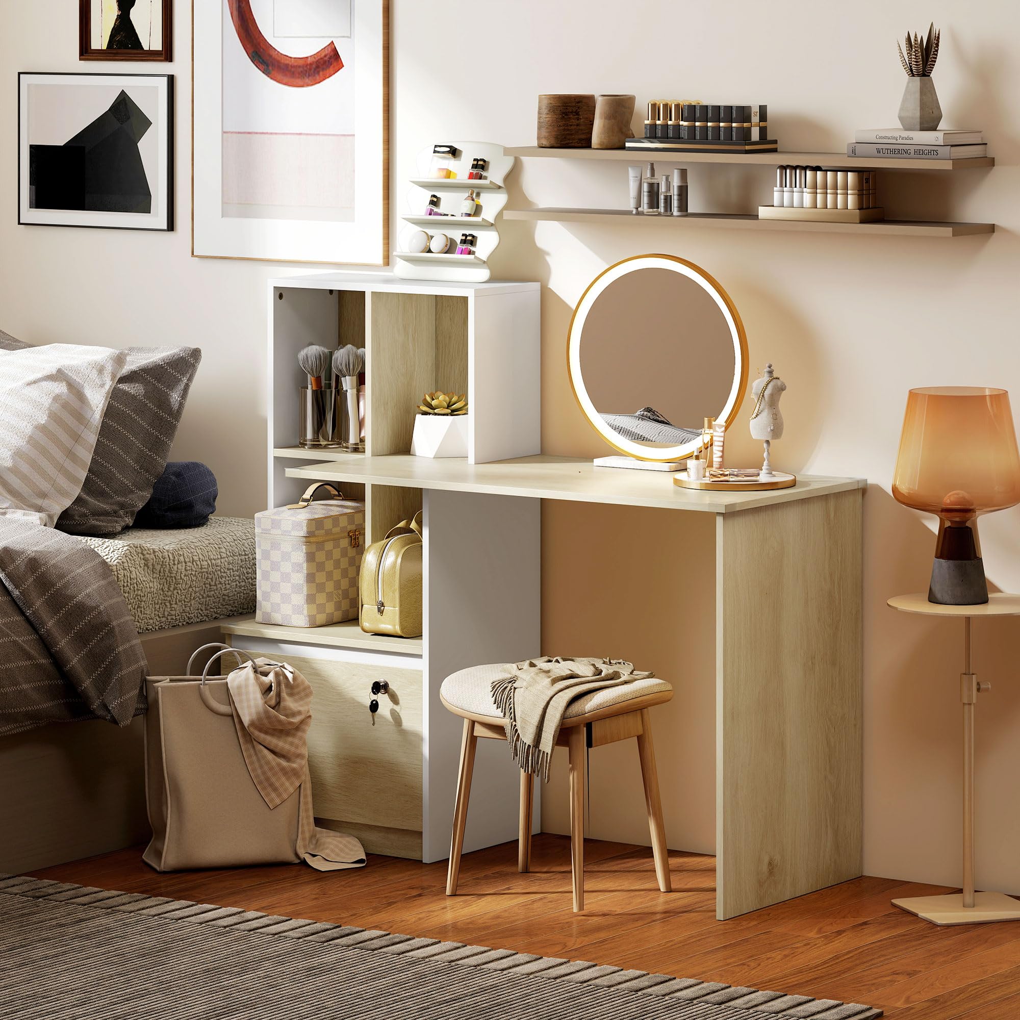 HOMCOM Bureau d'Ordinateur avec Bibliothèque, 4 Compartiments et Tiroir Verrouillable à Dossiers, Patins Anti-Collision, Table Informatique pour Chambre, Salle d'Étude, 126x50x109cm, Chêne et Blanc
