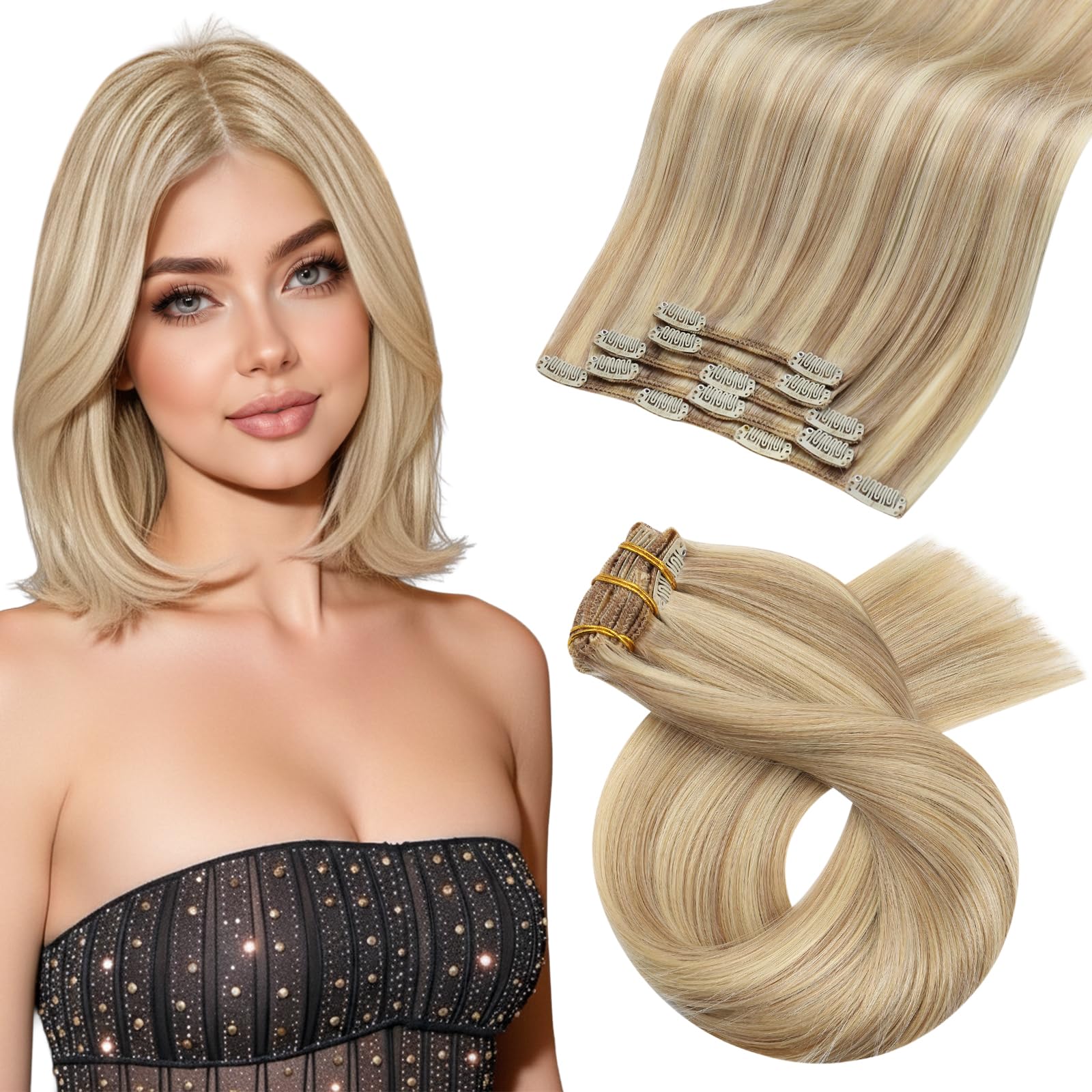 Moresoo Human Hair Extensions Clip in Real Hair Ash Blonde with Bleached Blonde Clip in Hair Extensions Remy Human Mid-length Hair Layered Add Volume 14 Inch 5pcs/80g #P18/613 — view 44