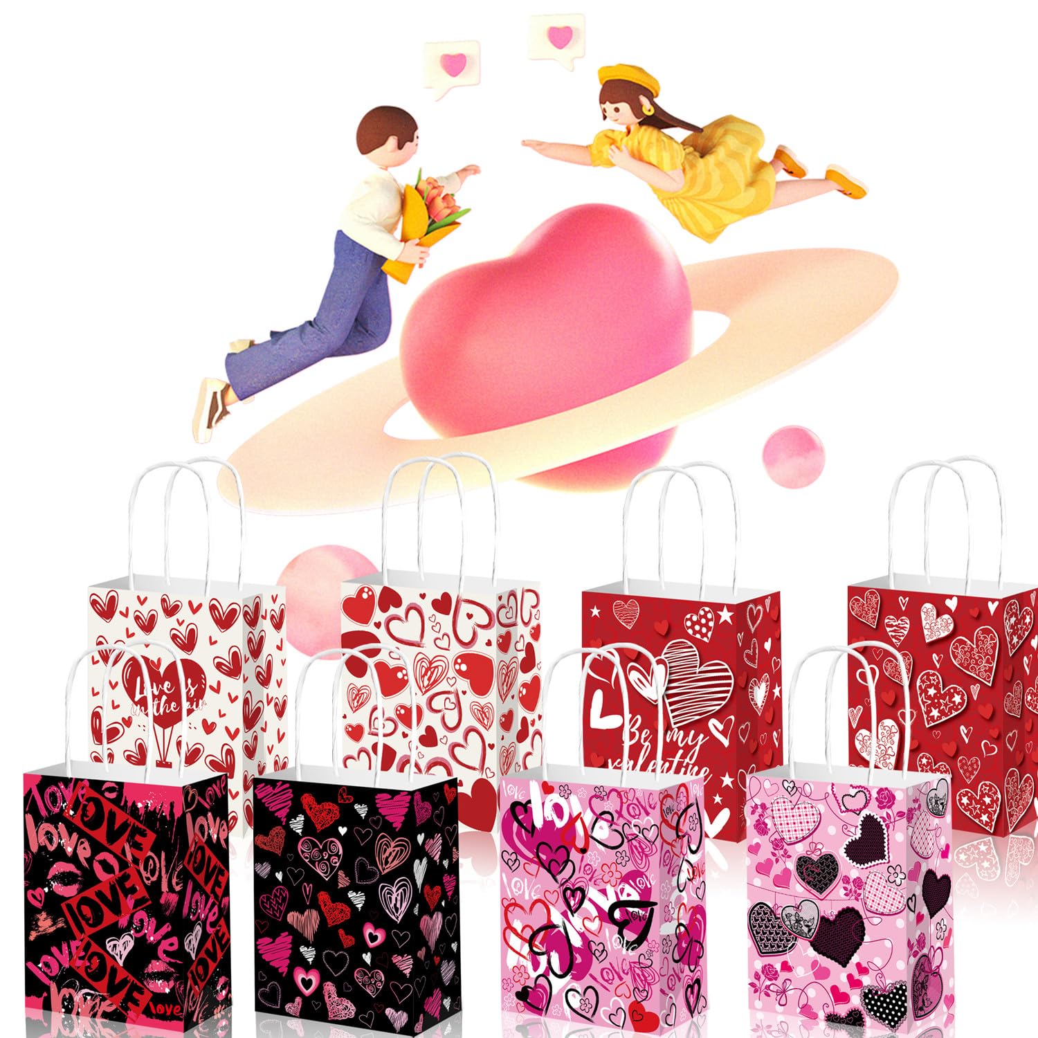 KIPETTO Valentines Gift Bags 12Pcs Valentines Day Paper Bags with Handles Love Heart Shaped Treat Goodies Bag for Valentines Day Party Favors Class Baggies Pouch
