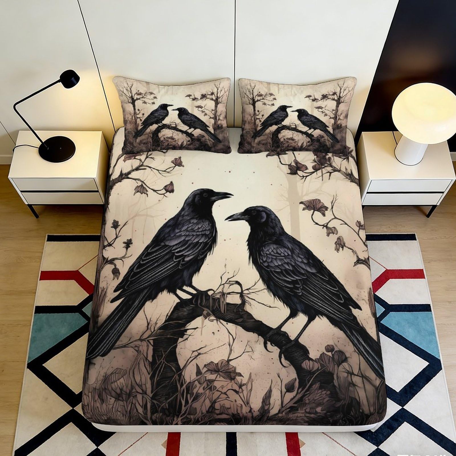 3D Printed Raven Branch Fitted Sheet Microfiber Soft Black Bird Forest Bed Cover for Bedroom Guest Room Decor 90x200x25cm