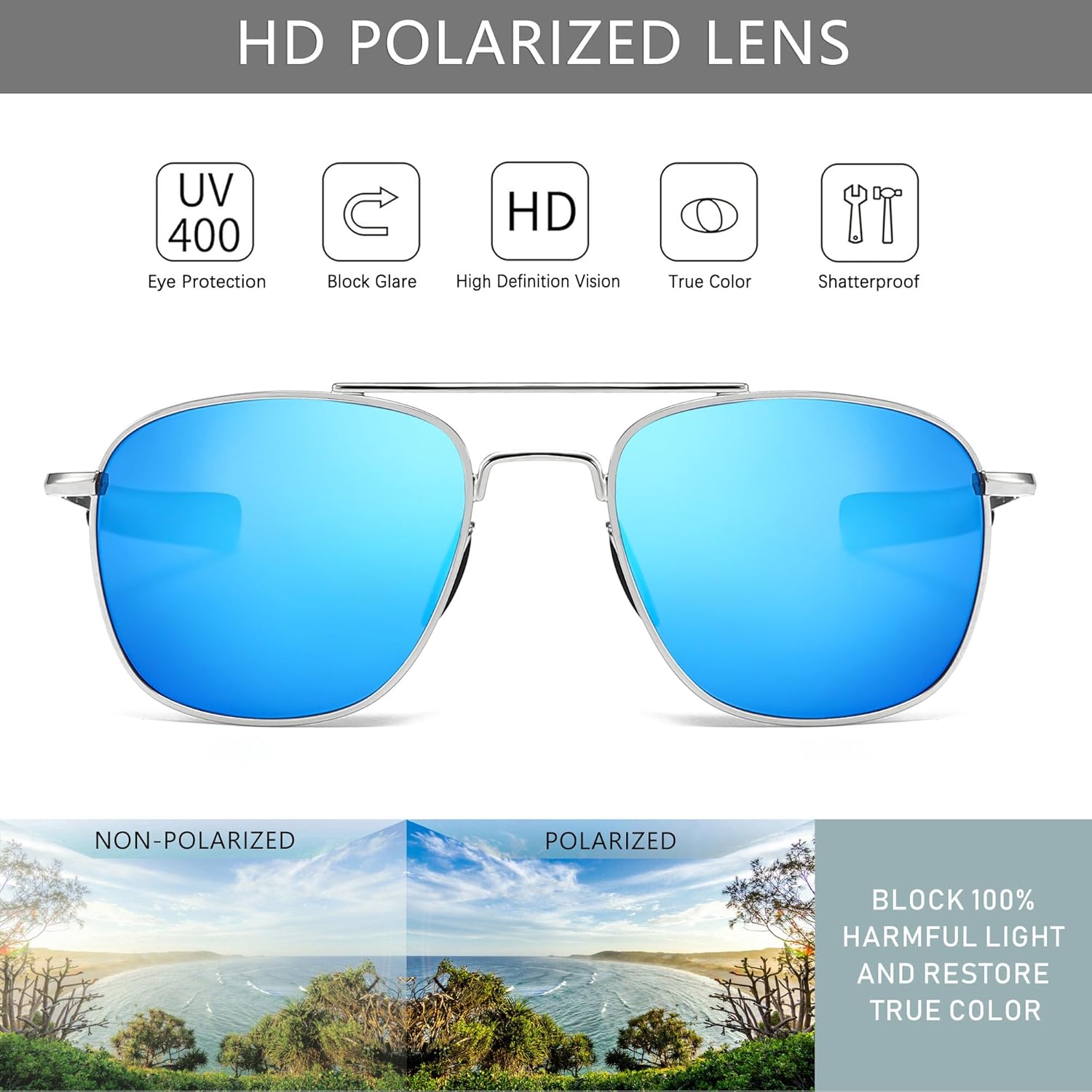 SUNGAIT Men's Military Style Polarized Pilot Aviator Sunglasses Bayonet Temples - Image 2