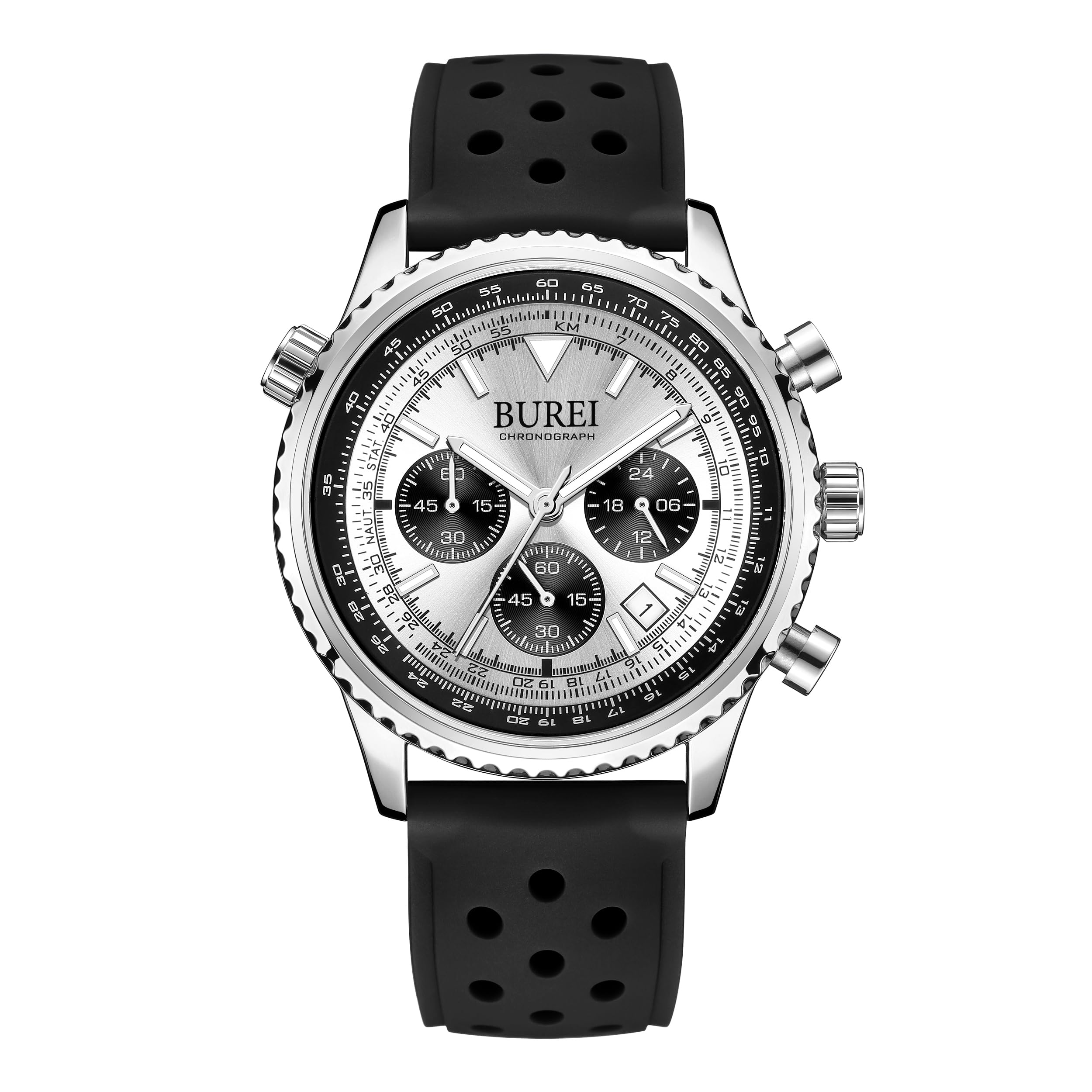 [BUREI]腕時計 メンズ クオーツ クロノグラフ 防水 アナログメンズ時計 日付 ウレタンベルト シルバーブラックウオッチ 男性ギフト