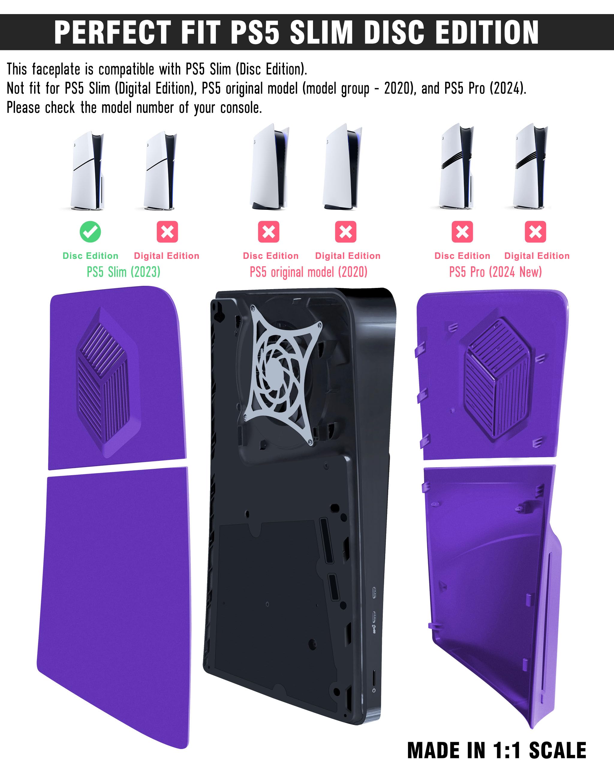Piastre frontali per PS5 Slim Accessori con prese d'aria di raffreddamento, Joso Custodia di ricambio per PS5 Slim Disc Edition 4 piastre di copertura, antigraffio e antipolvere, piastre in ABS viola