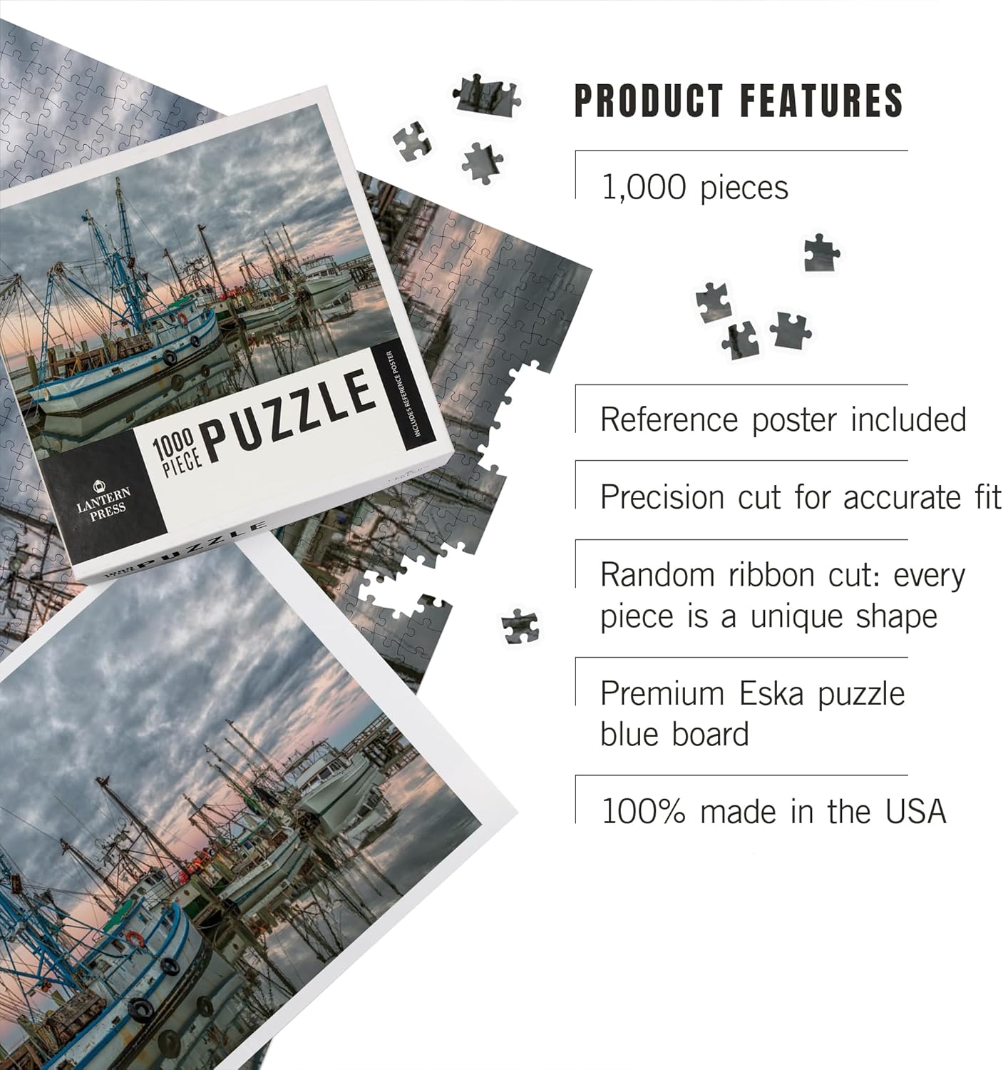 Lantern Press Shrimp Boats in Port Royal, South Carolina 1000 Piece Jigsaw Puzzle for Adults, Made in USA with Reference Poster