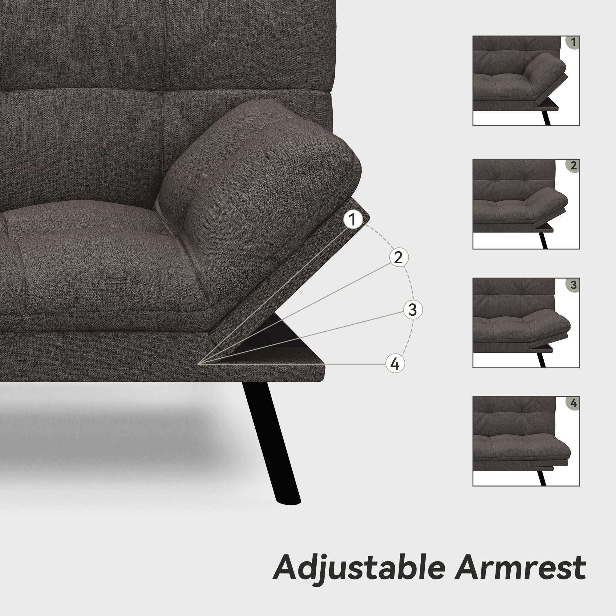 Convertible Futon Sofa Bed,Grey Linen Modern Futon Couch,Memory Foam Loveseat Sleeper Recliner,Detachable Cushion,Adjustable Backrest & Armrest,Couch for Living Room,Office,Apartment