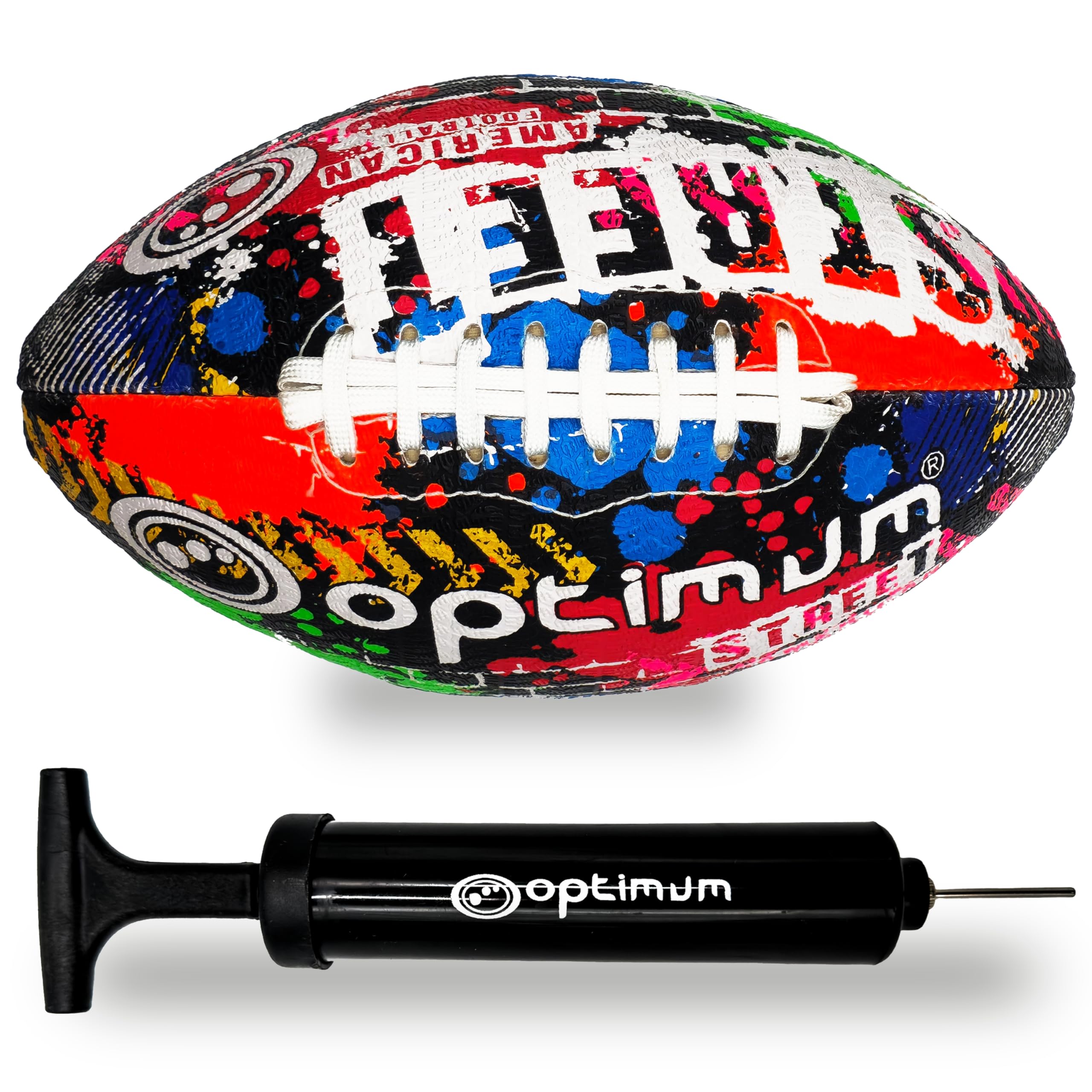 Optimum Street American Football - Durable Rubber Training Ball - Tyre Grip Surface - All-Weather Play and Practice – Full Size, Ball Pump Included, Multi-Colour