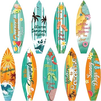 9 Pcs Surfboard Beach Signs Cutouts Paper Wall Decorations Hawaii Party Supplies Tropical Bar Sign Summer Welcome to Paradise Flip Flop Decor for Luau Beach Pool Party