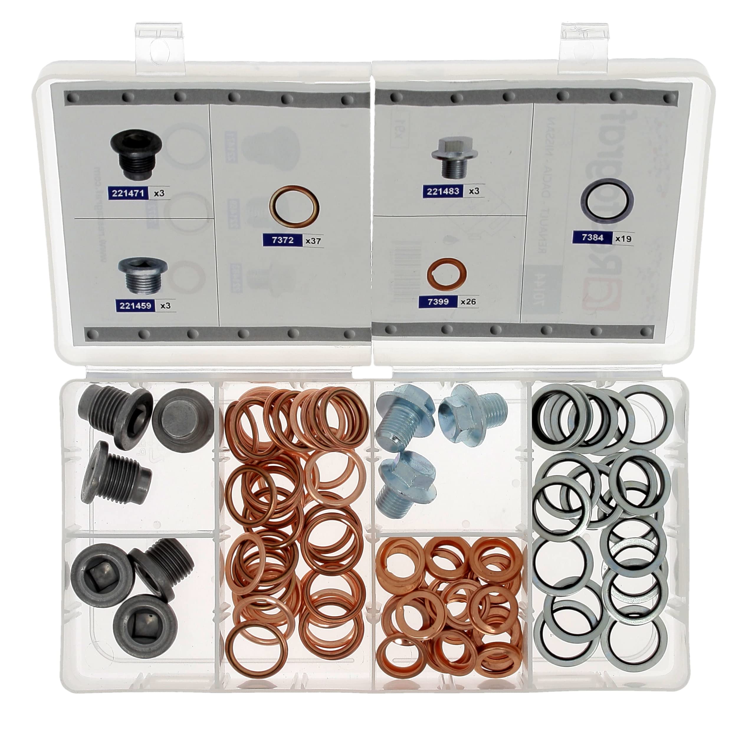 Restagraf - Coffret de Bouchons et Joints de Vidange Constructeur Compatible avec Dacia-Nissan-Renault - Assortiment Atelier - Idéal Interventions Courantes - Réf. 70144 - Coffret de 91 pcs