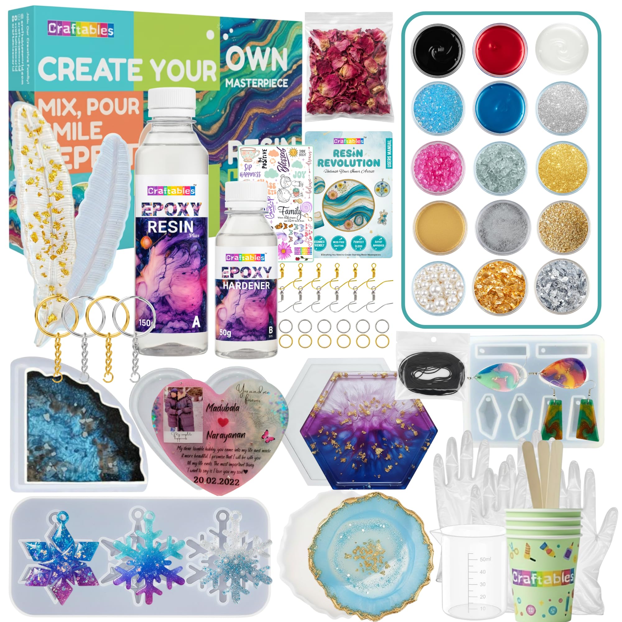 Craftables Resin Art kit with Moulds – 200gm Crystal Clear Resin & Hardener with Silicone Molds, Pigments, Dried Flowers, Keychains, Tools & Accessories for DIY Jewelry, Coasters & Home Decor-image-34