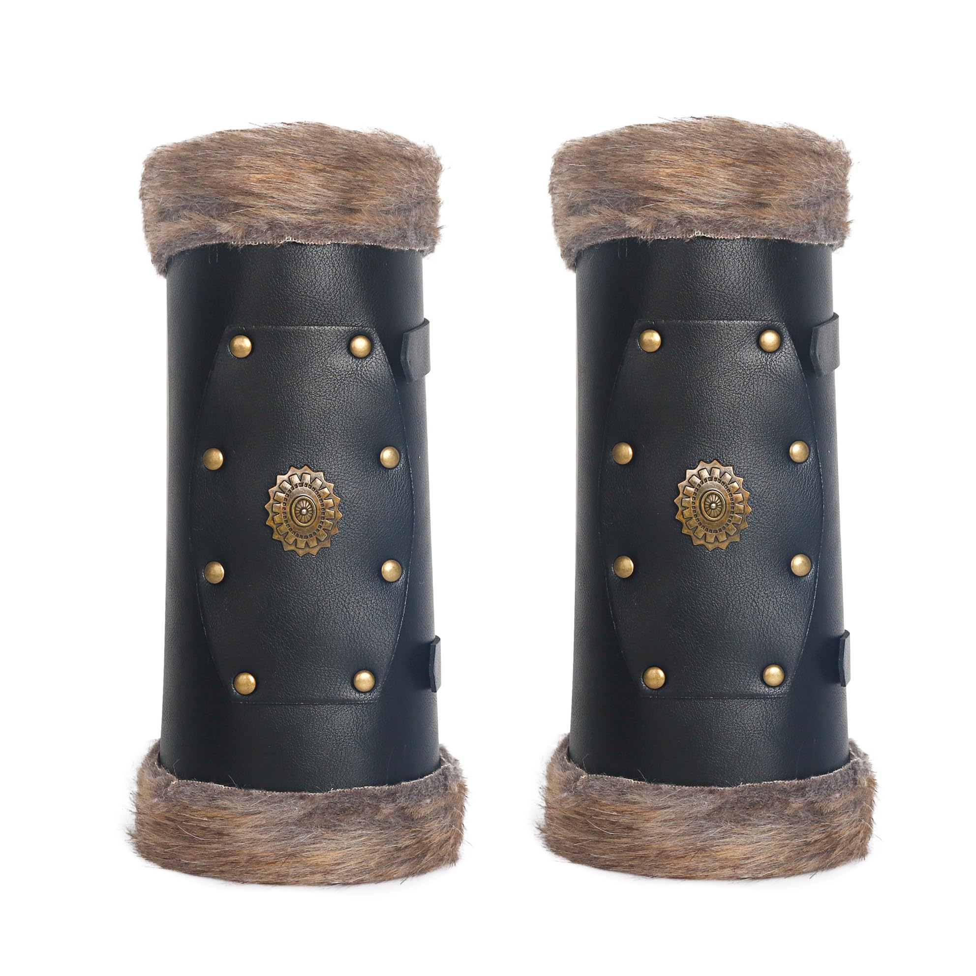 Joukavor Faux Fur Viking Leather Bracers Medieval Arm Guards Gauntlets Wristbands for Women Men LARP Accessories, One Pair