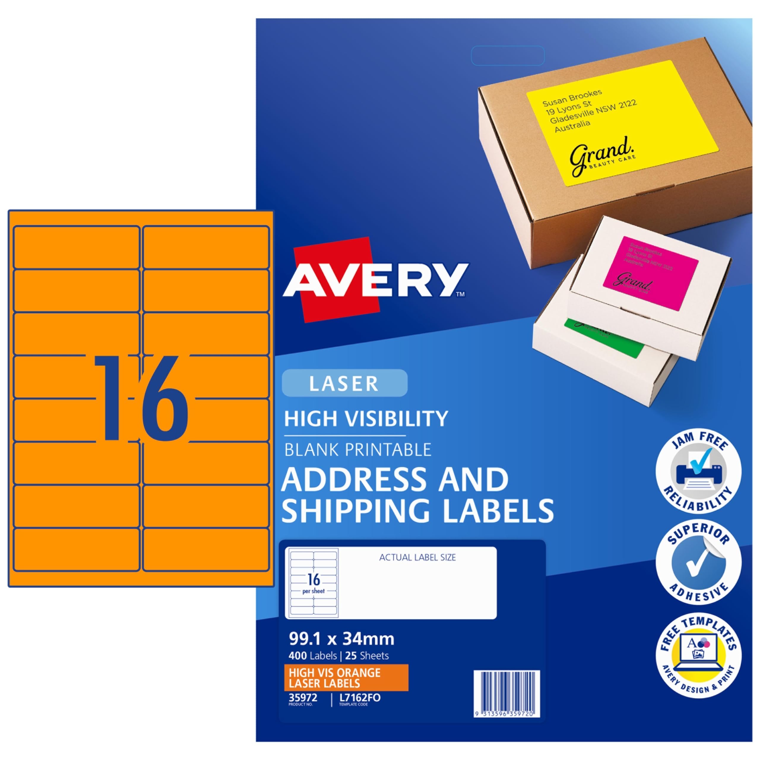 Avery Fluoro Orange - Etiquetas de envío de alta visibilidad para impresoras láser, 99,1 x 34 mm, 400 etiquetas (35972 / L7162FO)