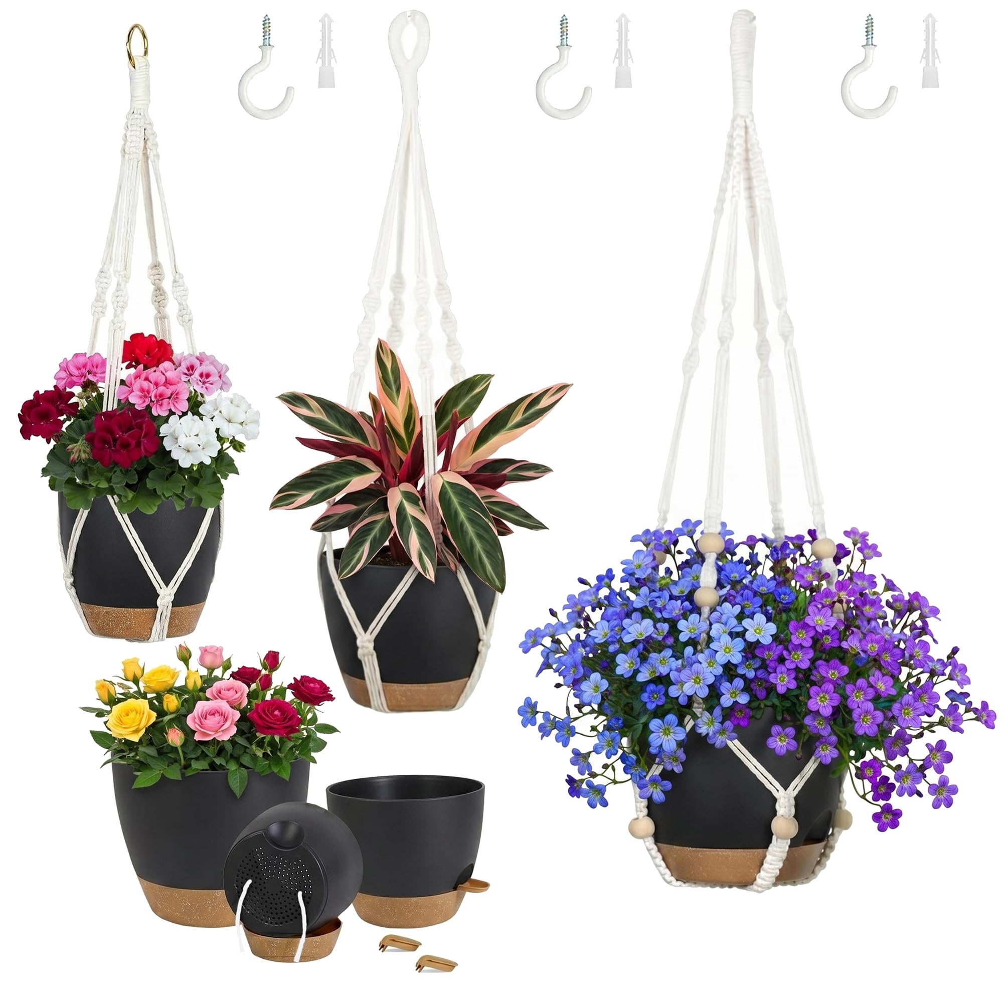 Lot de 3 pots de fleurs suspendus pour extérieur et intérieur, pots de fleurs suspendus avec auto-arrosage (14/15/18 cm), blanc bohème en macramé pour plantes d'intérieur, balcon et jardin
