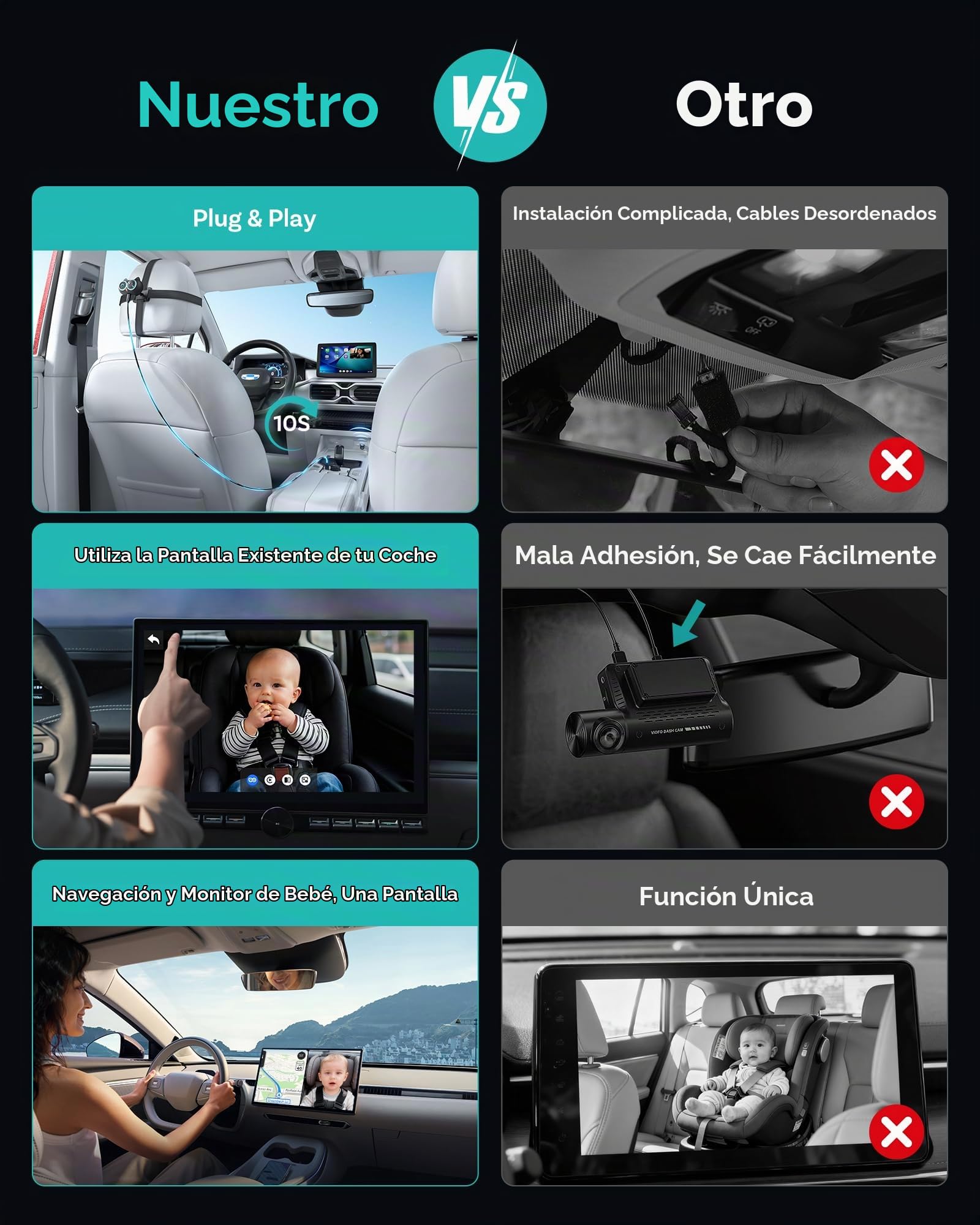 OTTOCAST Adaptador de cuidado de cabina 2026 en 1 para cámara de coche de bebé y adaptador inalámbrico CarPlay, no necesita pantalla adicional, monitor de bebé de coche 1080P para visión nocturna sin