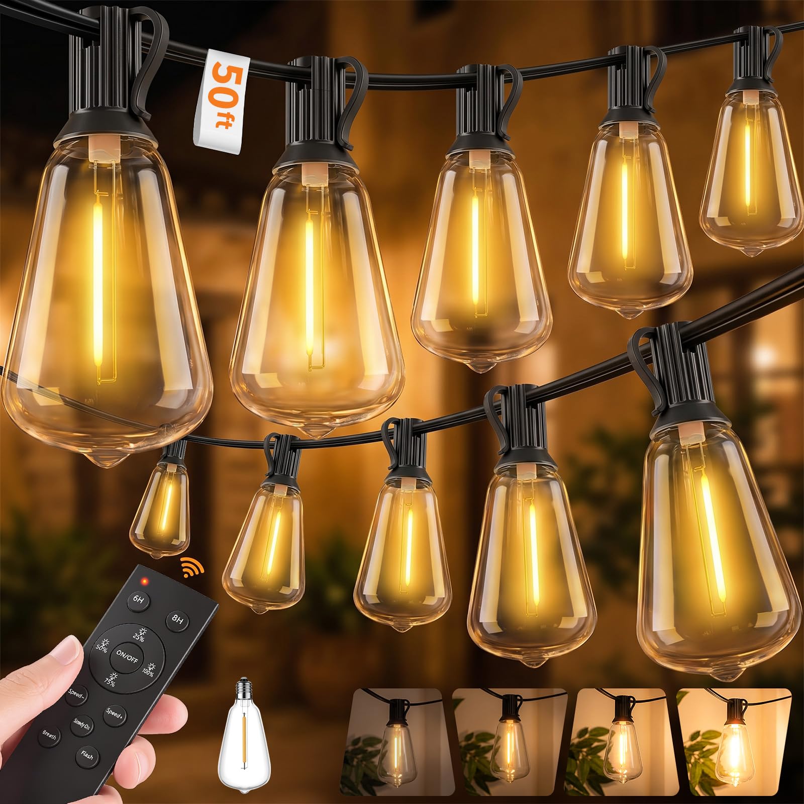 Hotsonic - Cadena de luces LED de control remoto para exteriores, impermeable, 50 pies con bombillas inastillables, luces colgantes regulables, 3 modos para patio, porche, jardín, pérgola patio, casa
