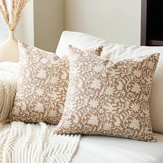 FIOUOVOHOME Floral Block Print Throw Pillow Covers 20x20 Farmhouse Vintage Set of 2 Neutral 100% Cotton Sofa Decor