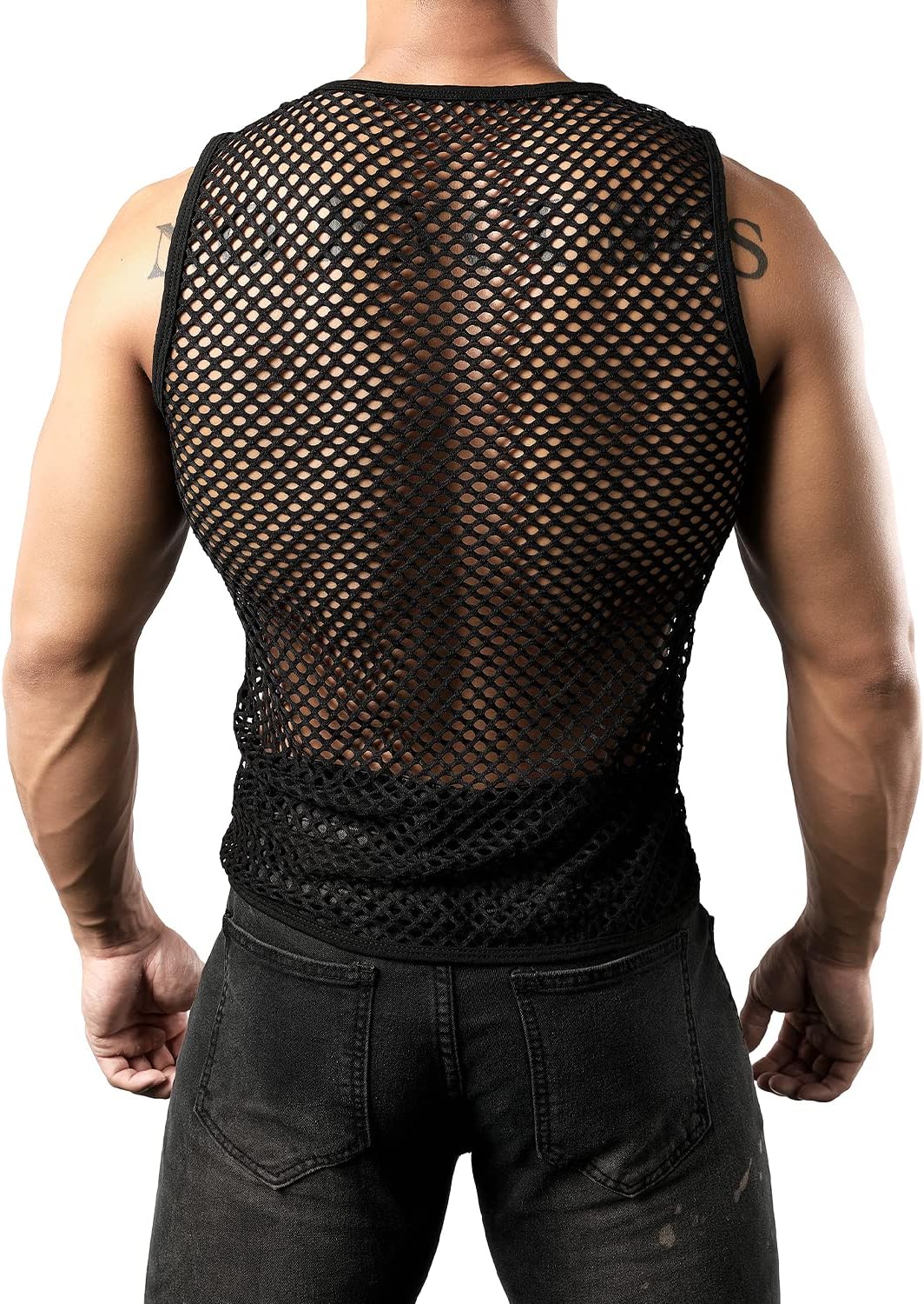 JOGAL Men's Mesh Fishnet Fitted Sleeveless Muscle Top Large Black