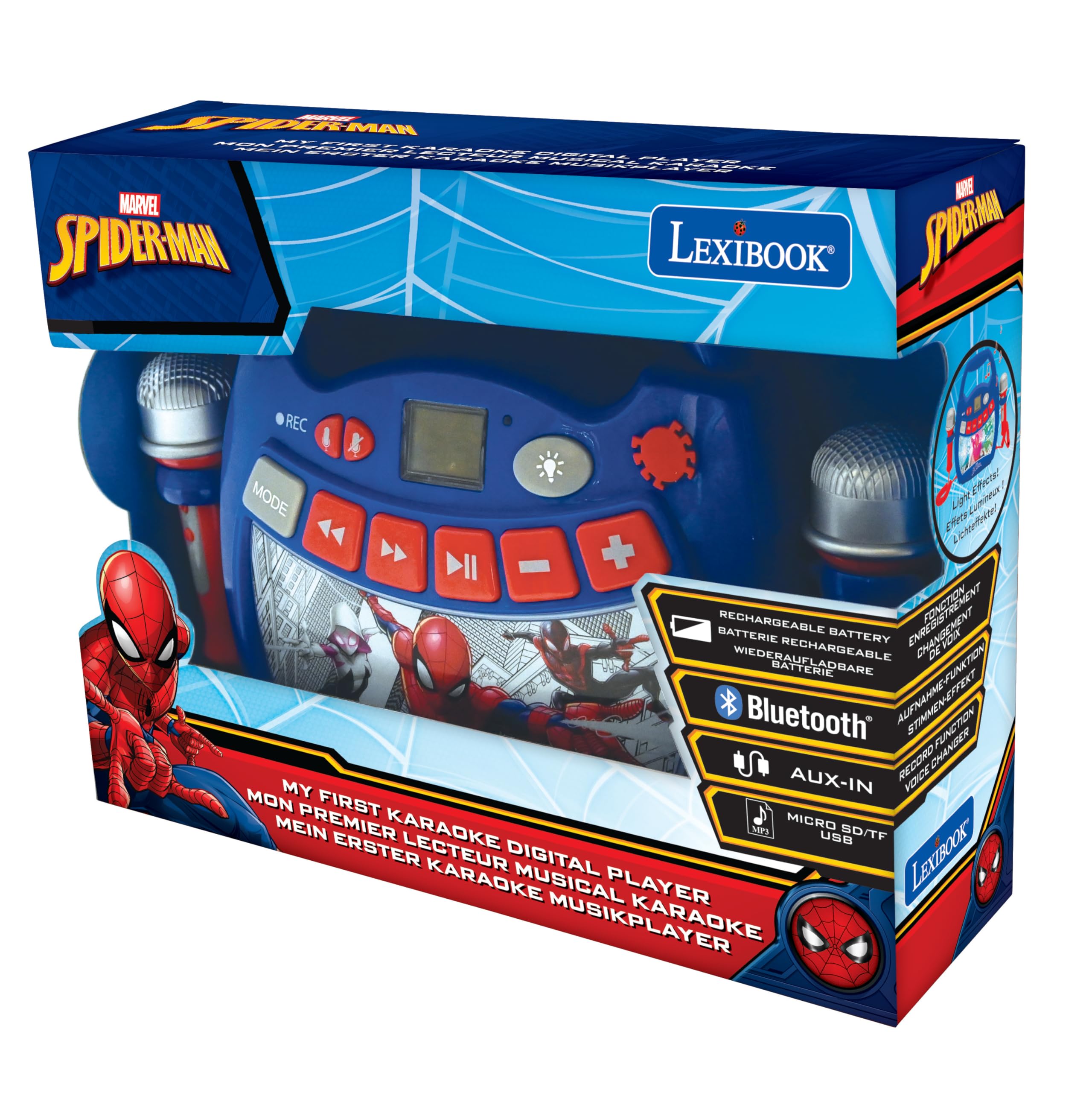 Lexibook Spider-Man Lettore Musicale Karaoke Portatile per Bambini Microfoni, Effetti di Luce Bluetooth Registrazione vocale e funzioni di Modifica, Blu, MP320SPZLXB