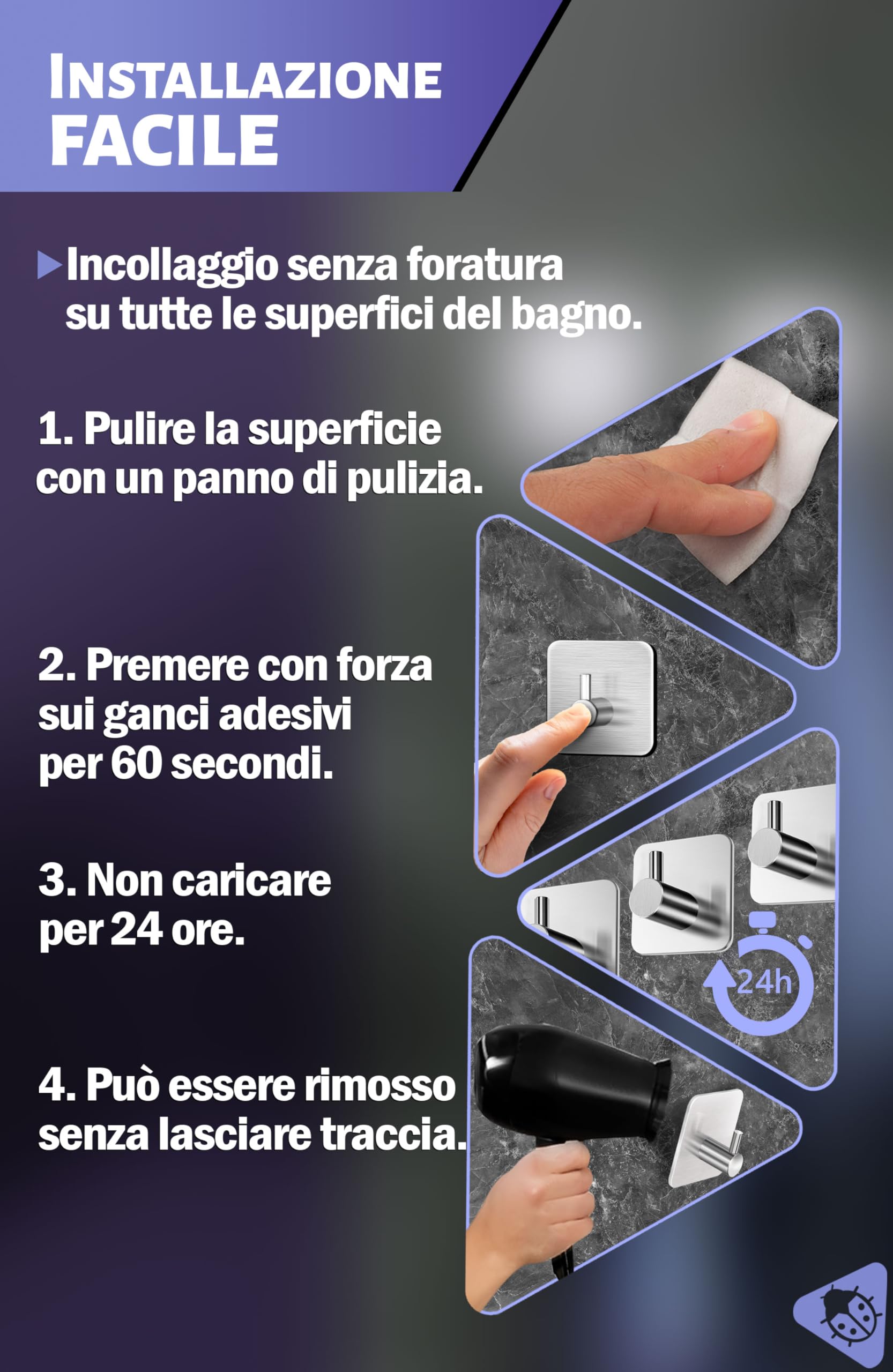 Menz Ganci Adesivi Bagno, Set di 4 - Adesivi Acciaio Inox di Alta Qualità, Appendi Porta Asciugamani Robusti, Appendi Accappatoio Bagno, Impermeabili per Cucina e Pareti, Argento