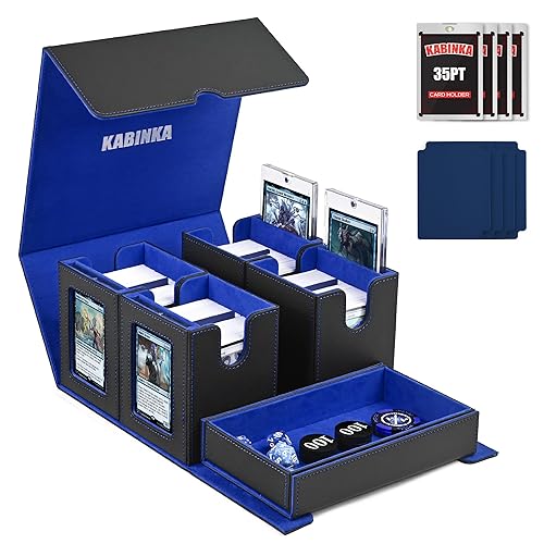 Card Deck Box for MTG with Commander Display, 5 in 1 Card Storage Box Fits 400+ Double-sleeved Cards, Removable Deck Case for TCG/Sports Cards with Dice Tray, 4 Magnetic Card Holders (Black Blue) - Black Blue - 5 IN 1