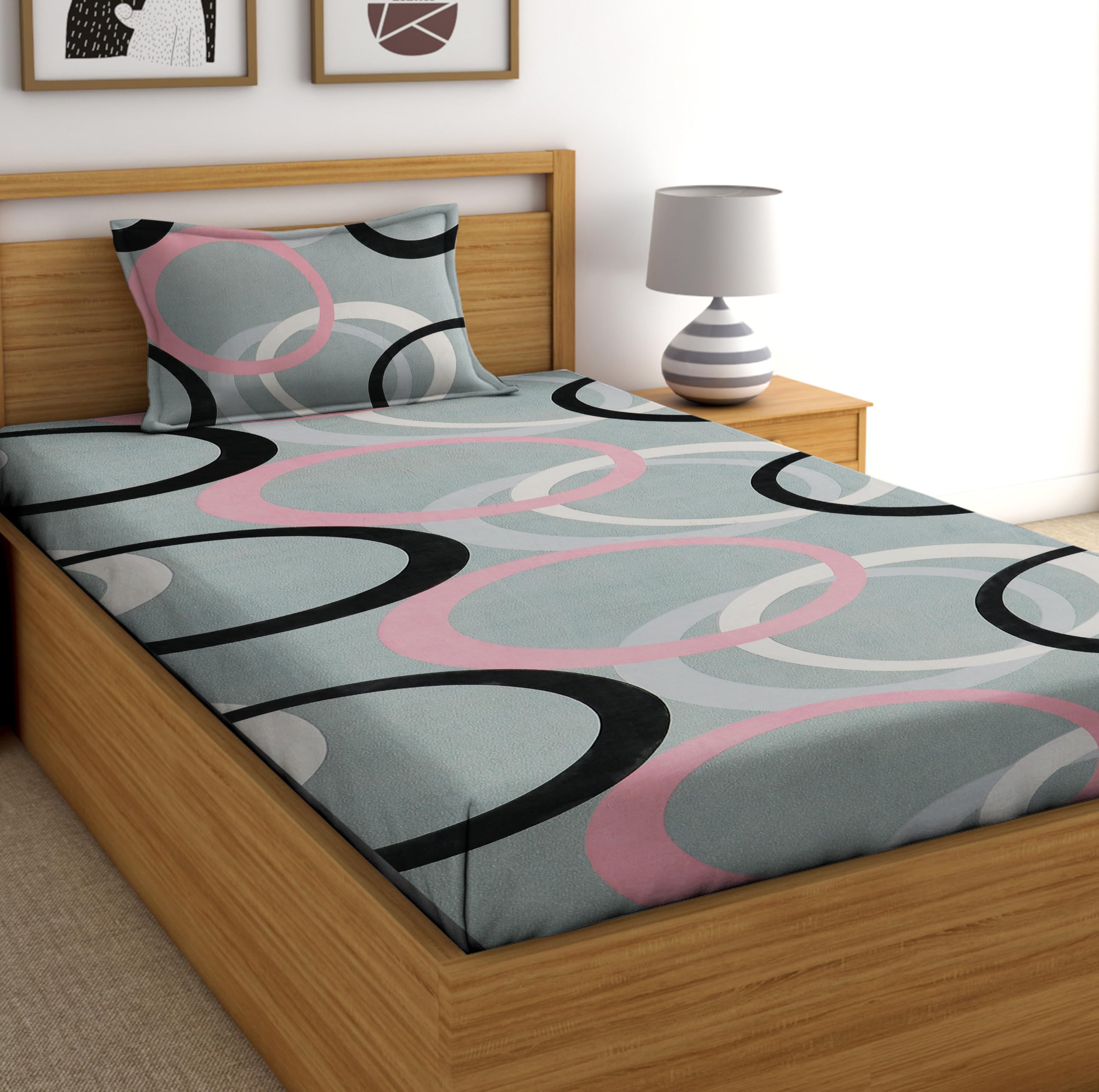 DECORUM Glace Cotton All Around Elastic Fitted Single Bedsheet (72"x48") with 1 Pillow Cover | Soft, Smooth & Wrinkle-Free Fabric | Fits Up to 6" Mattress | 200-220 TC