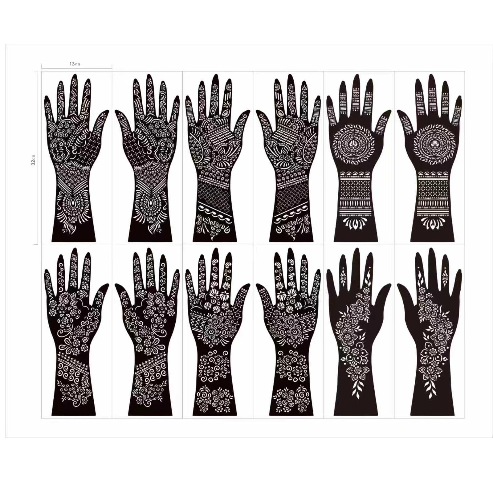 ヘナタトゥーステンシルキット、ハンド用テンポラリータトゥーテンプレート12枚、大きなインドのタトゥーステッカー。